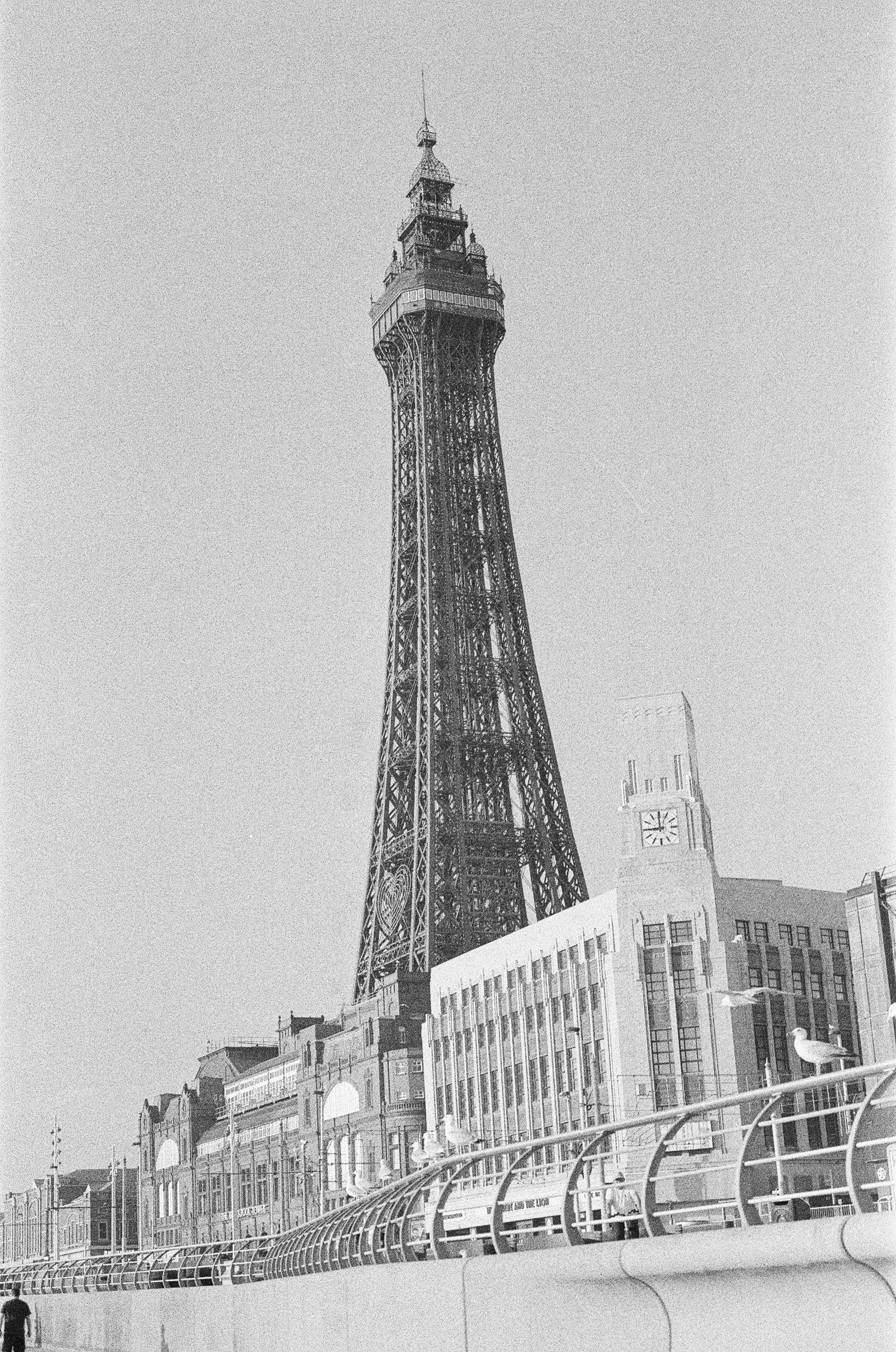 Blackpool tower stands tall against a clear sky.