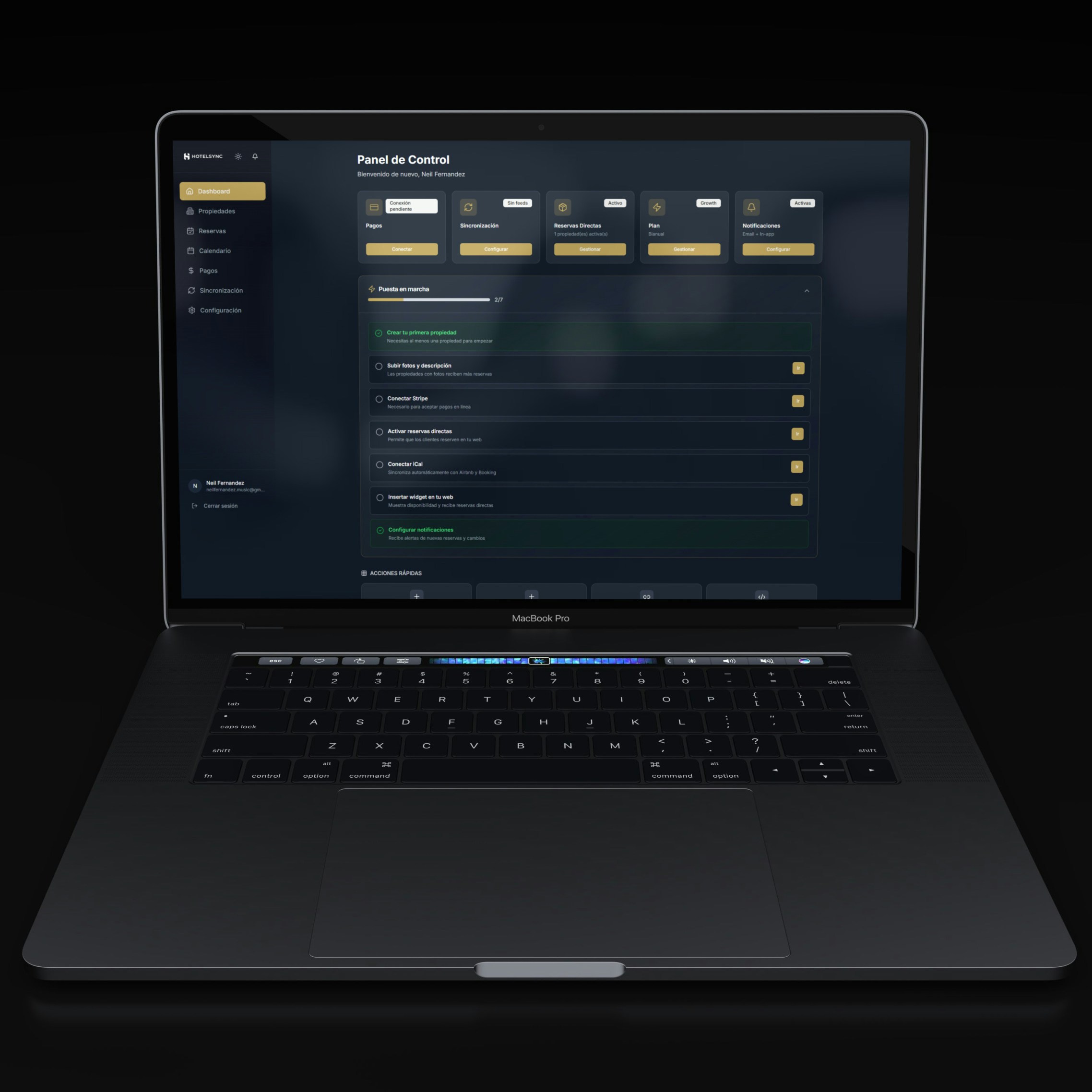 A modern laptop displaying a dark-themed dashboard