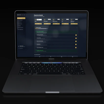 A modern laptop displaying a dark-themed dashboard
