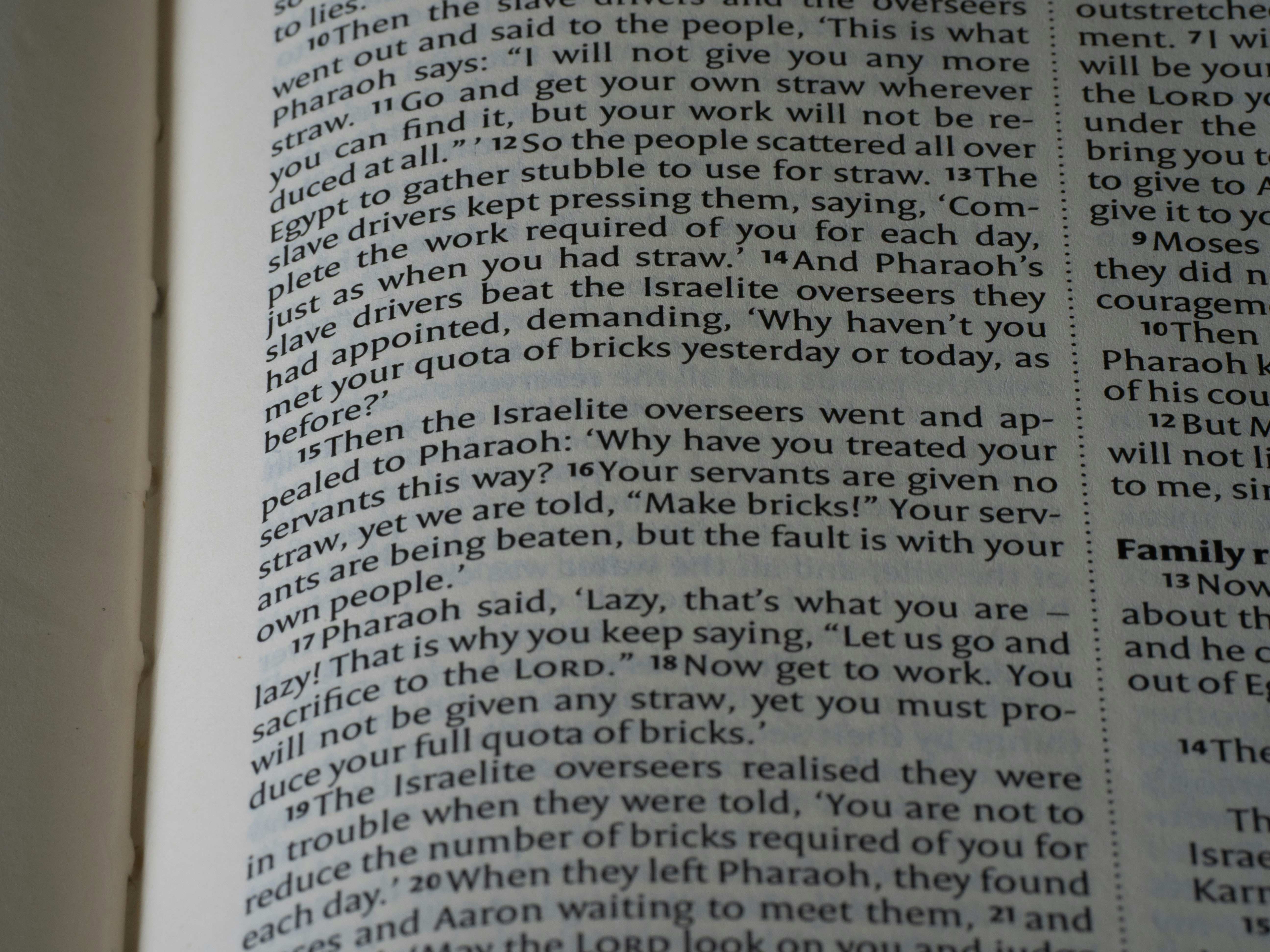 Close up of open bible pages with text.