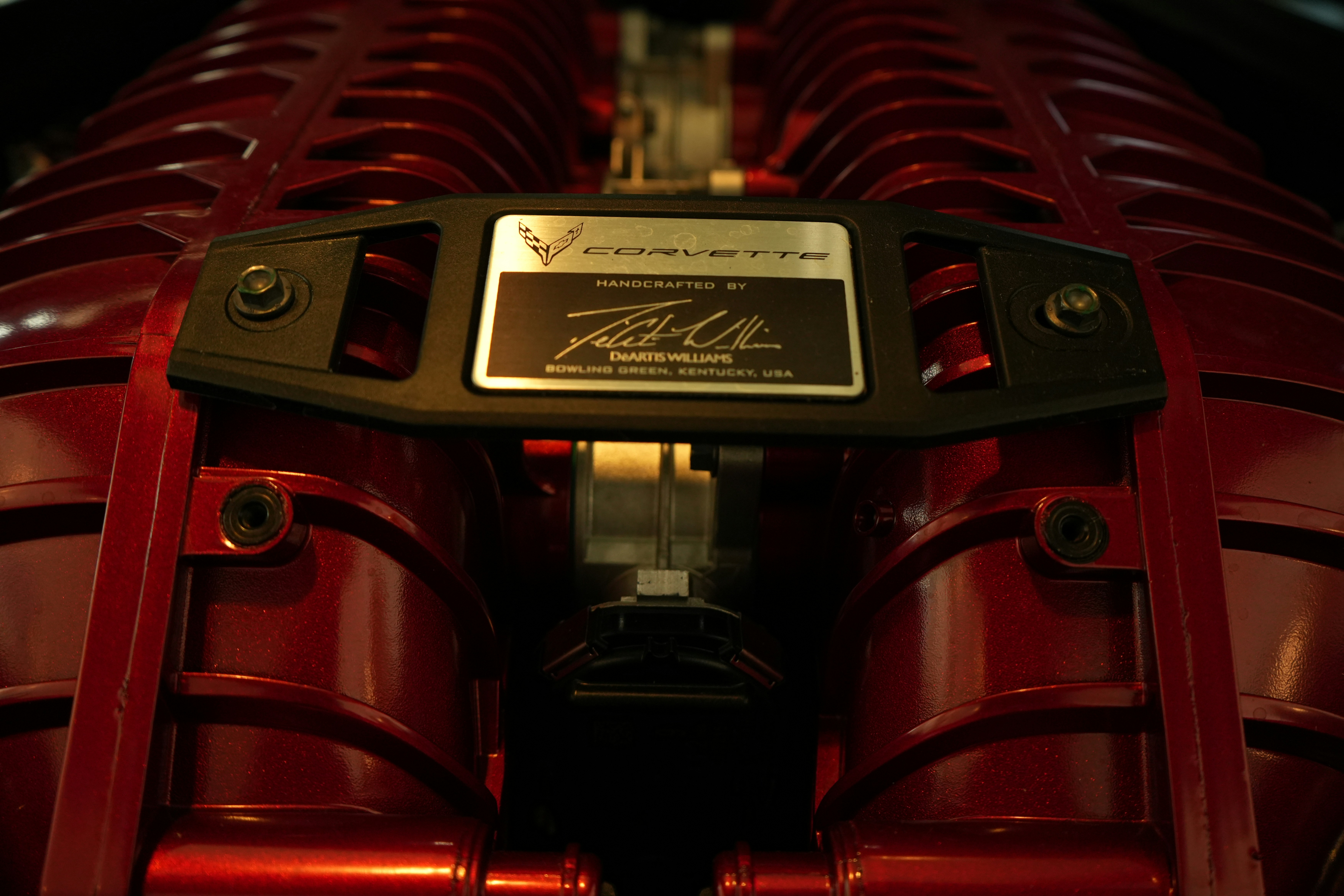 Nahaufnahme eines roten Motors mit Metallplatten.