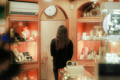 Woman browsing jewelry in a brightly lit store.