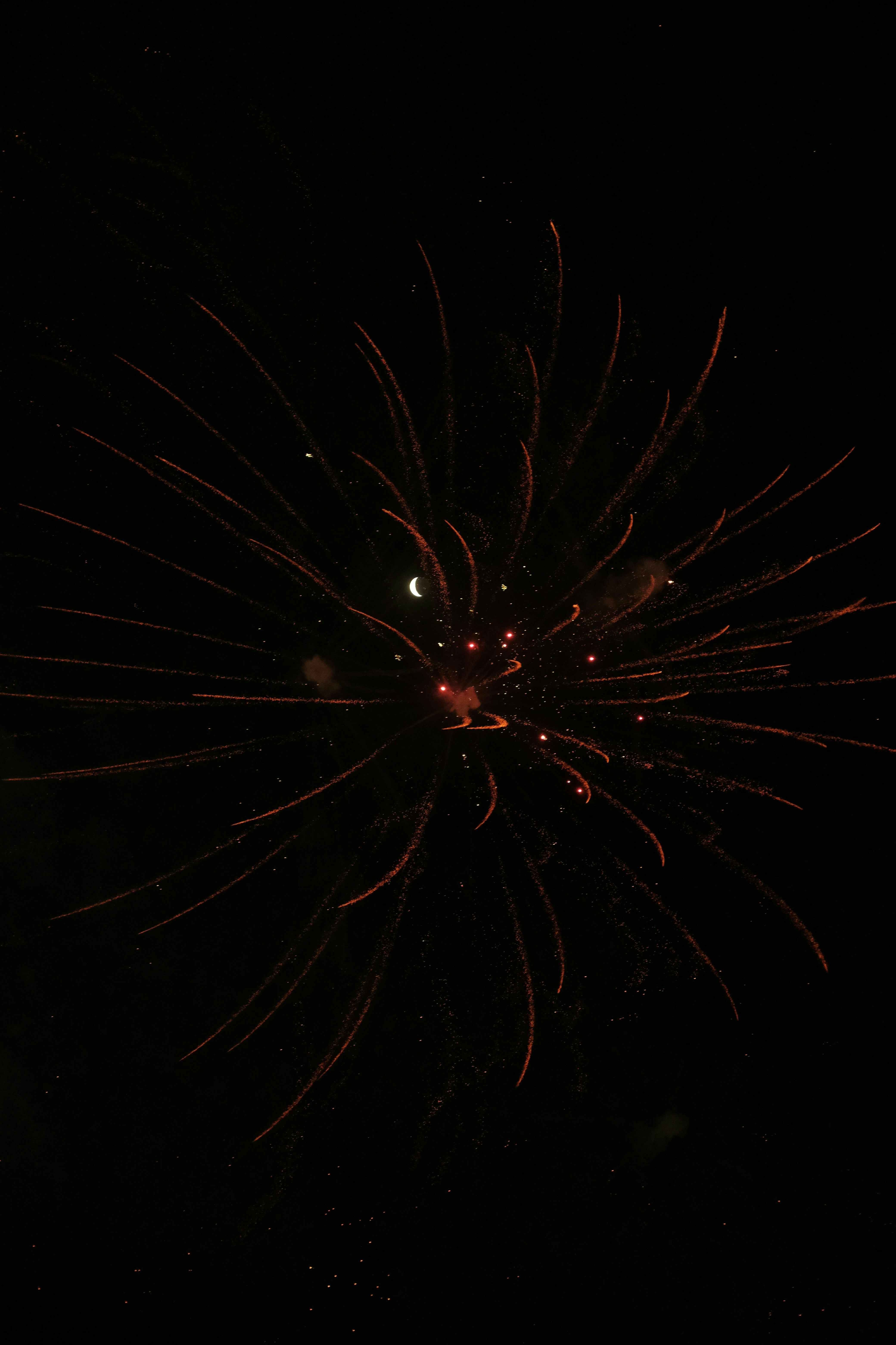 Ein rotes Feuerwerk explodiert am Nachthimmel.