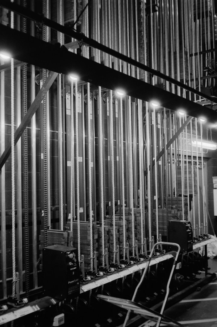 A rack of stage lighting fixtures rigged for a production, vertical truss in low ambient light