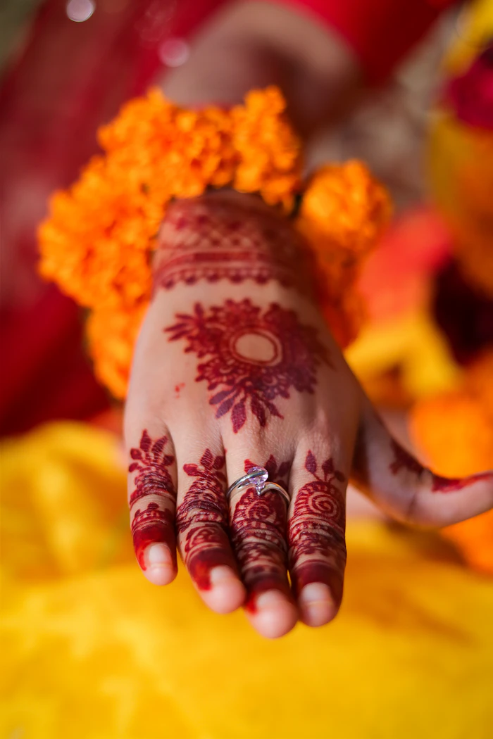 Henna-decorated hand with a ring