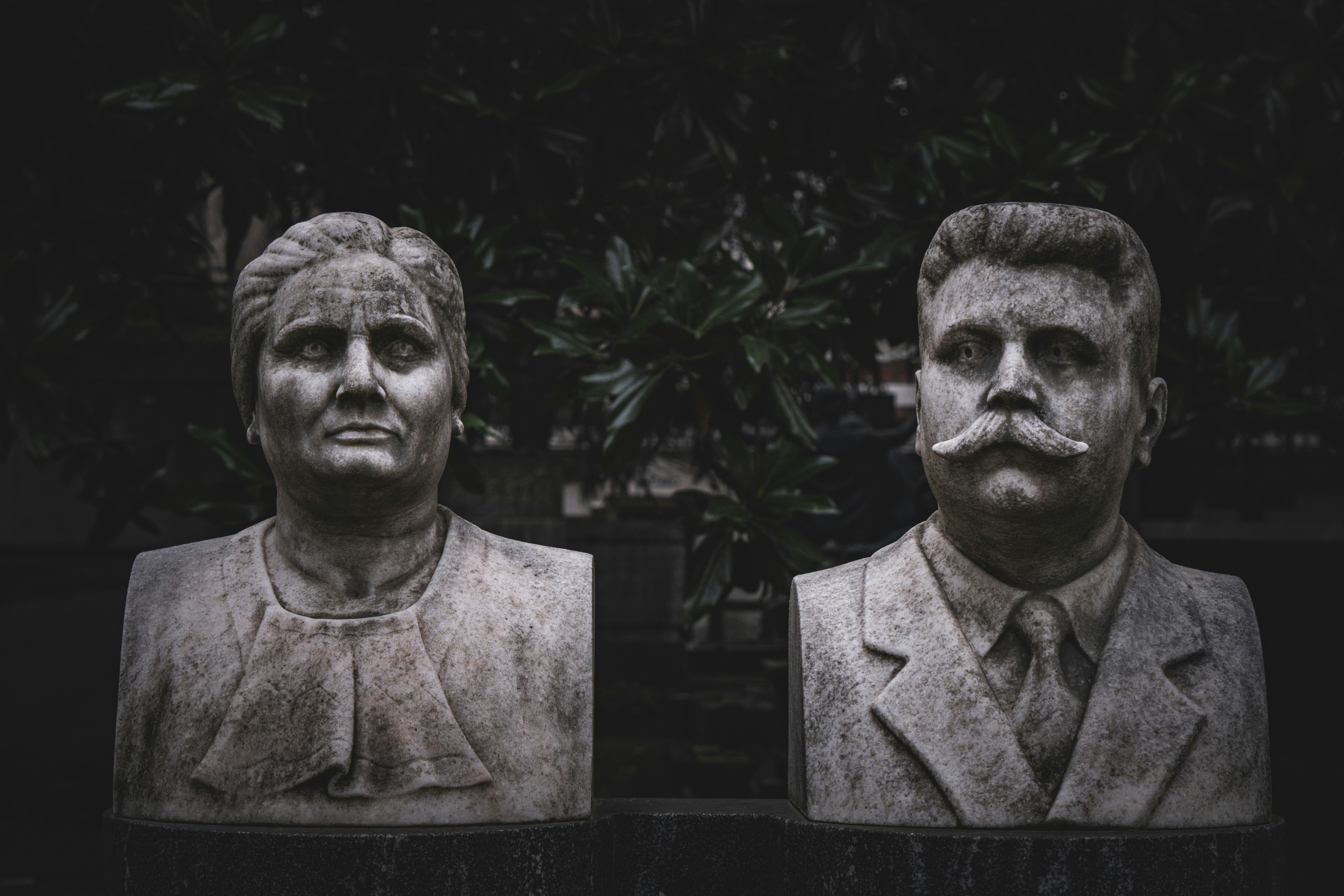 Two weathered stone busts of a man and woman.