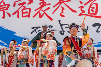 Performers in traditional japanese attire playing instruments
