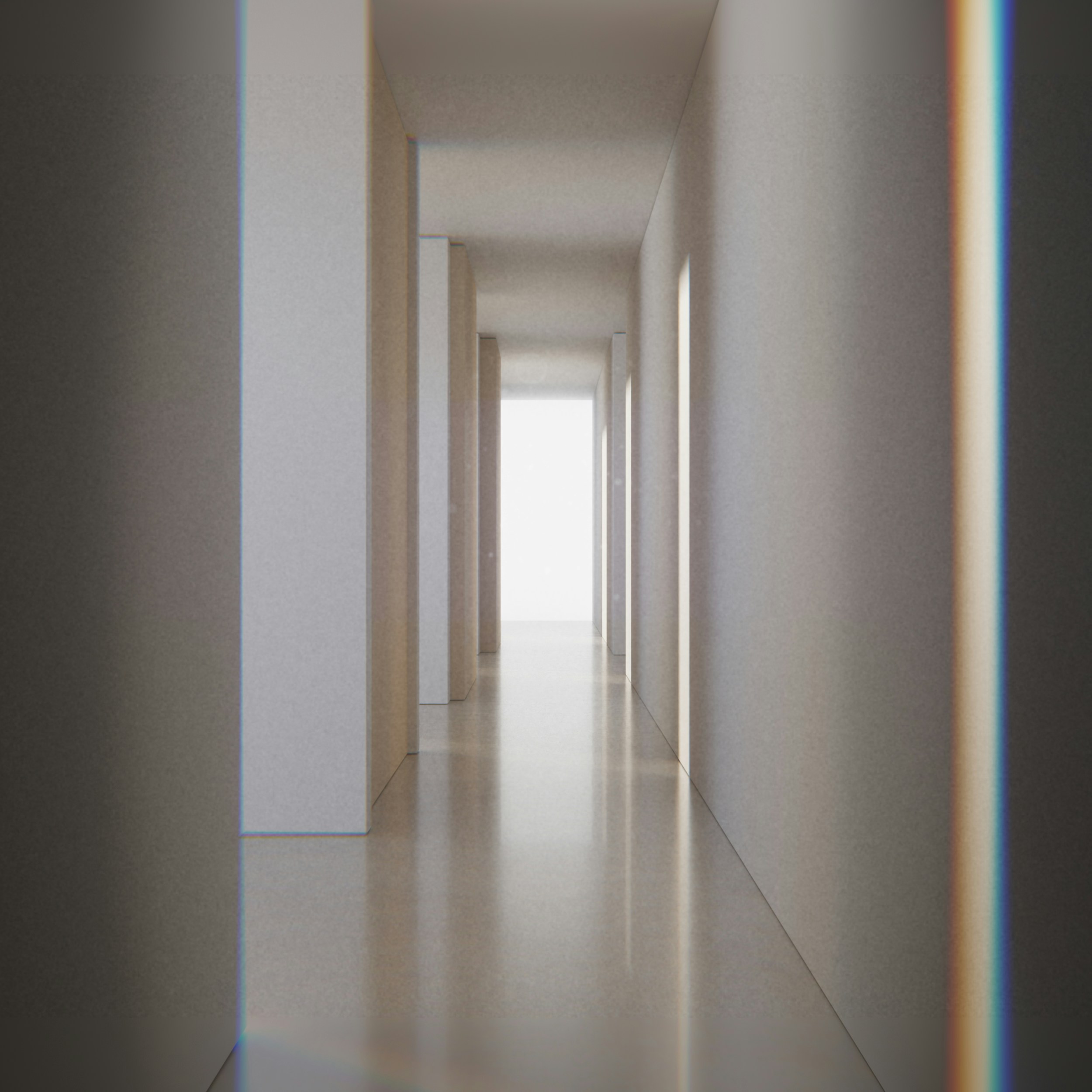 Empty white hallway with bright light at the end
