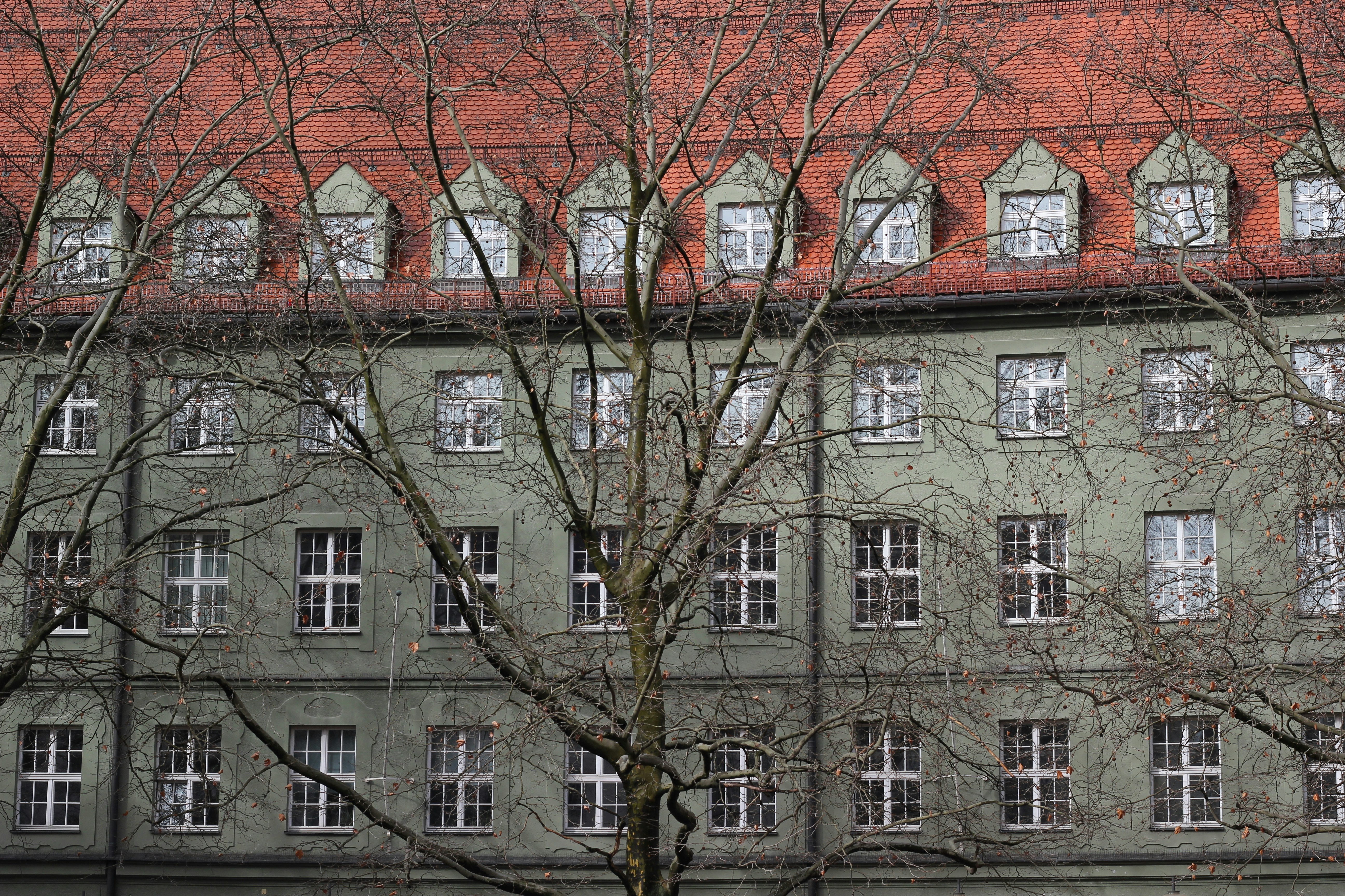 多くの窓と赤い屋根を持つ建物。