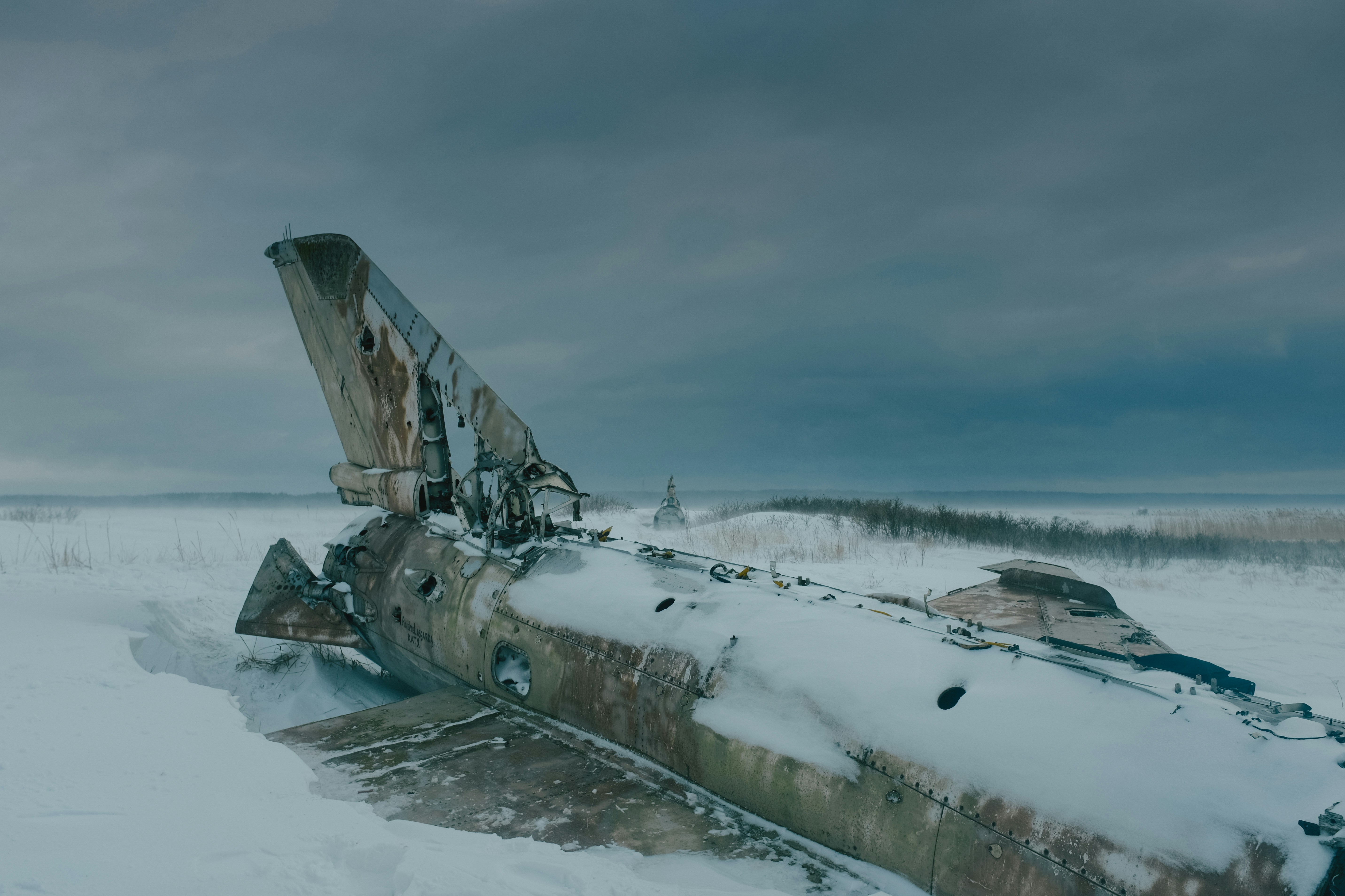 雪に覆われ荒涼とした風景に墜落した飛行機