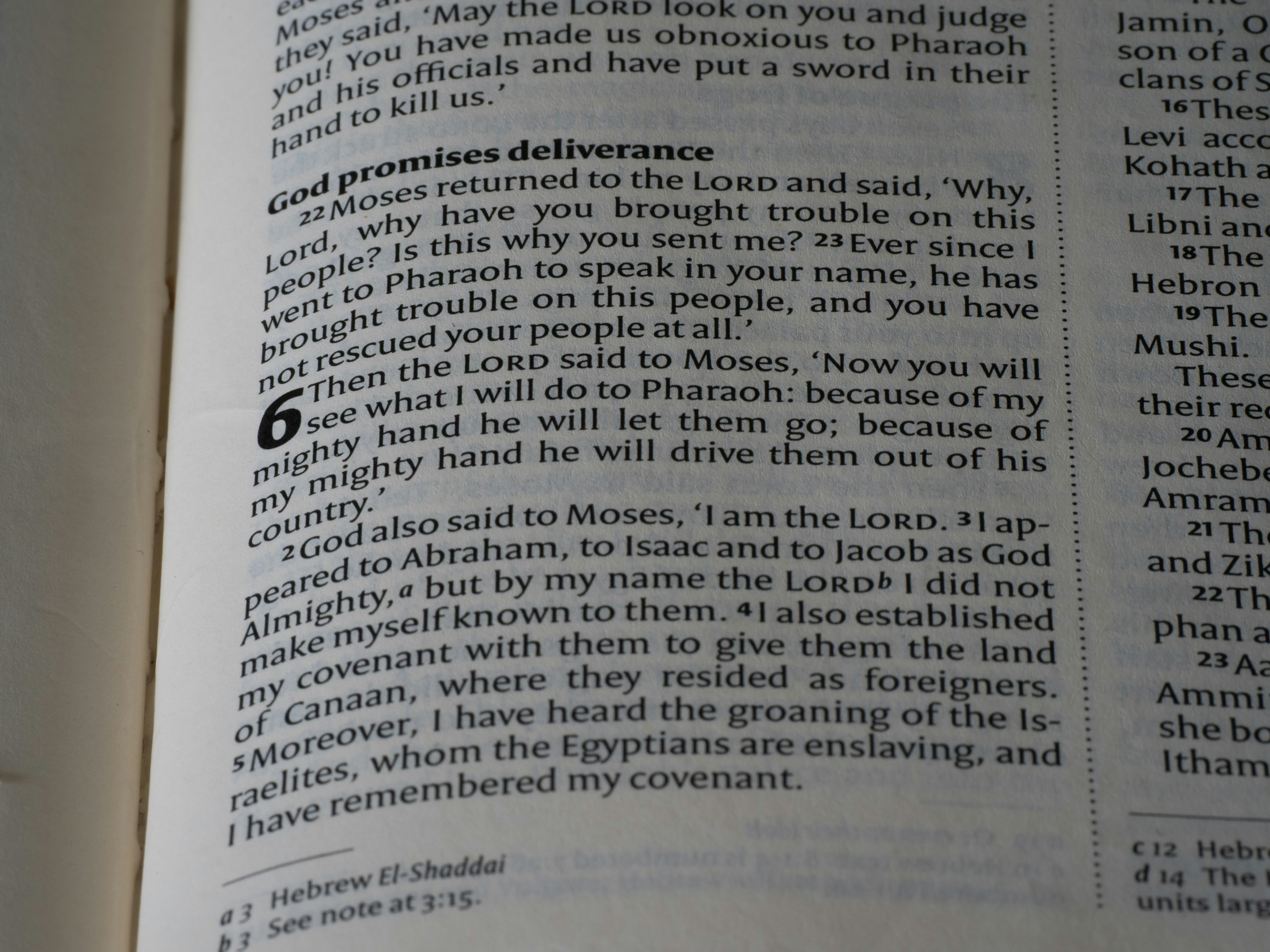 Close-up of an open bible with text visible.