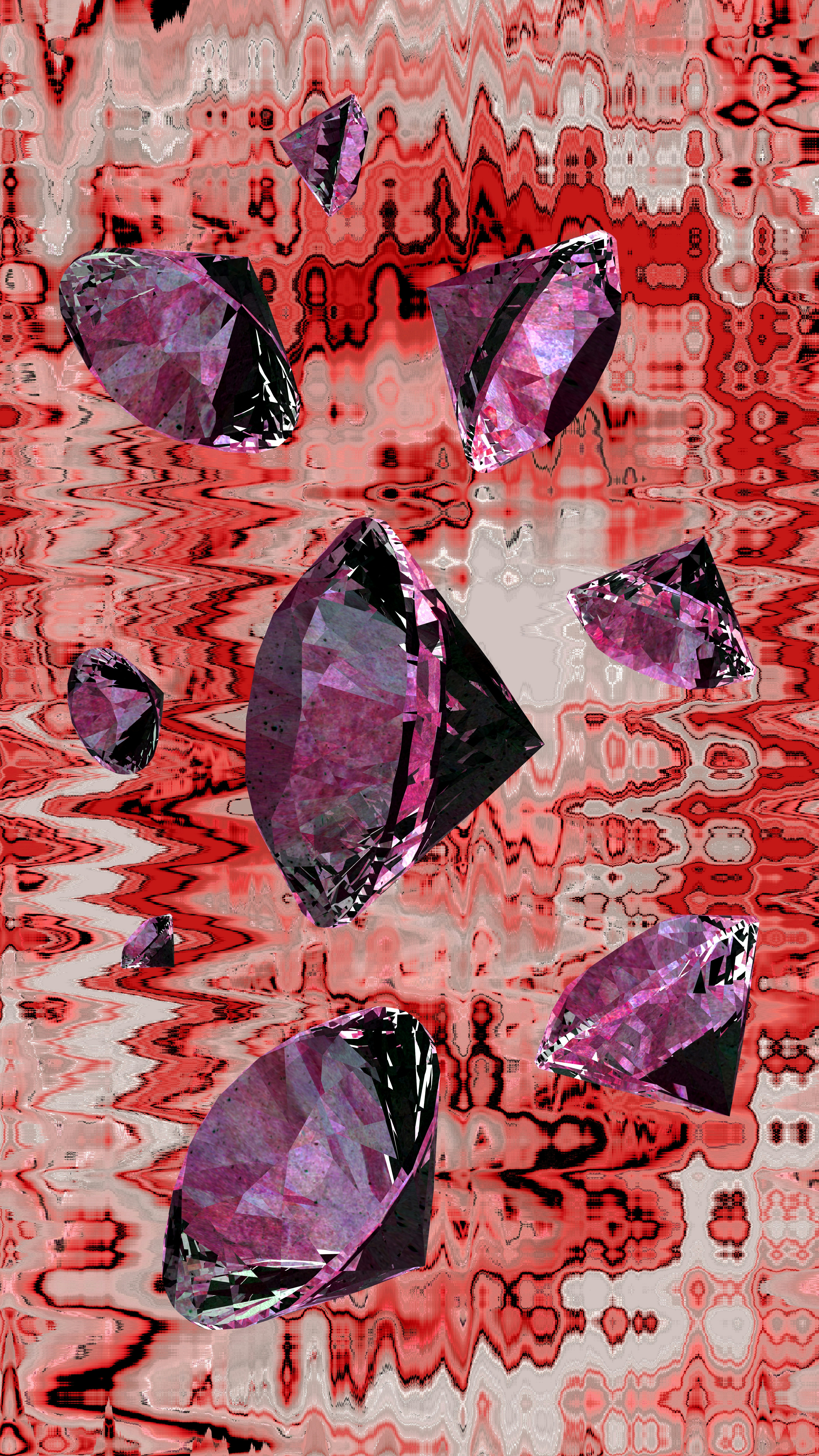 Several purple diamonds scattered on a red background