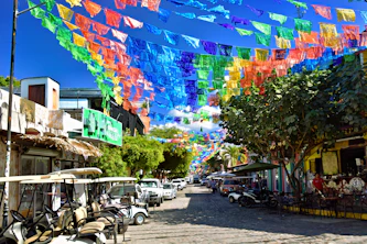 Colorful flags strung across a sunny street with golf carts.