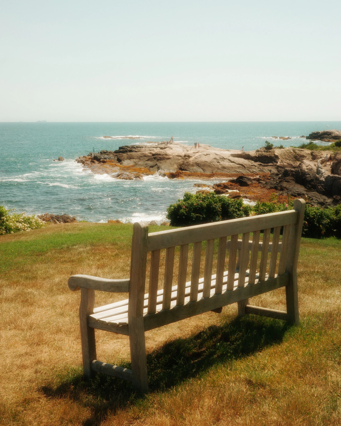 A wooden bench above the rocky coastline in Newport, Rhode Island
