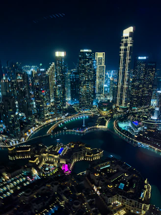 Illuminated cityscape with modern skyscrapers at night.