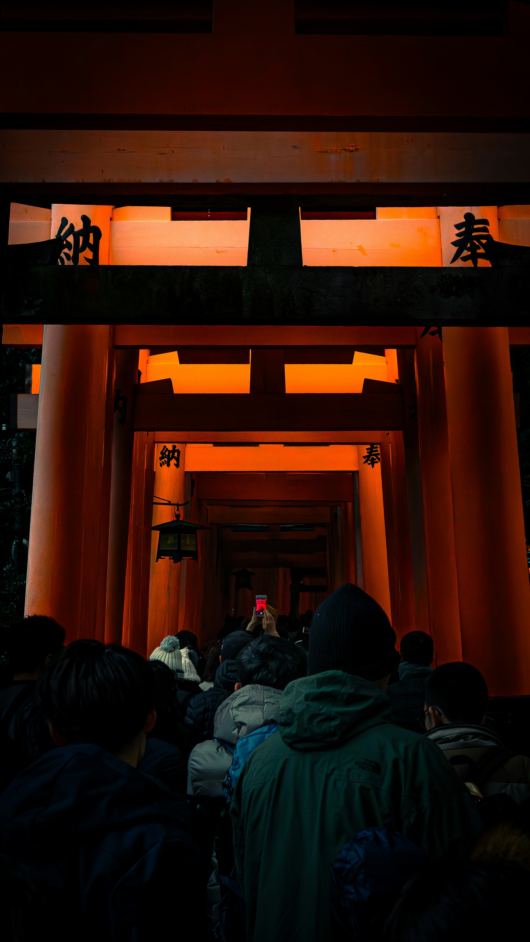 People walk through glowing orange torii gates at dusk.