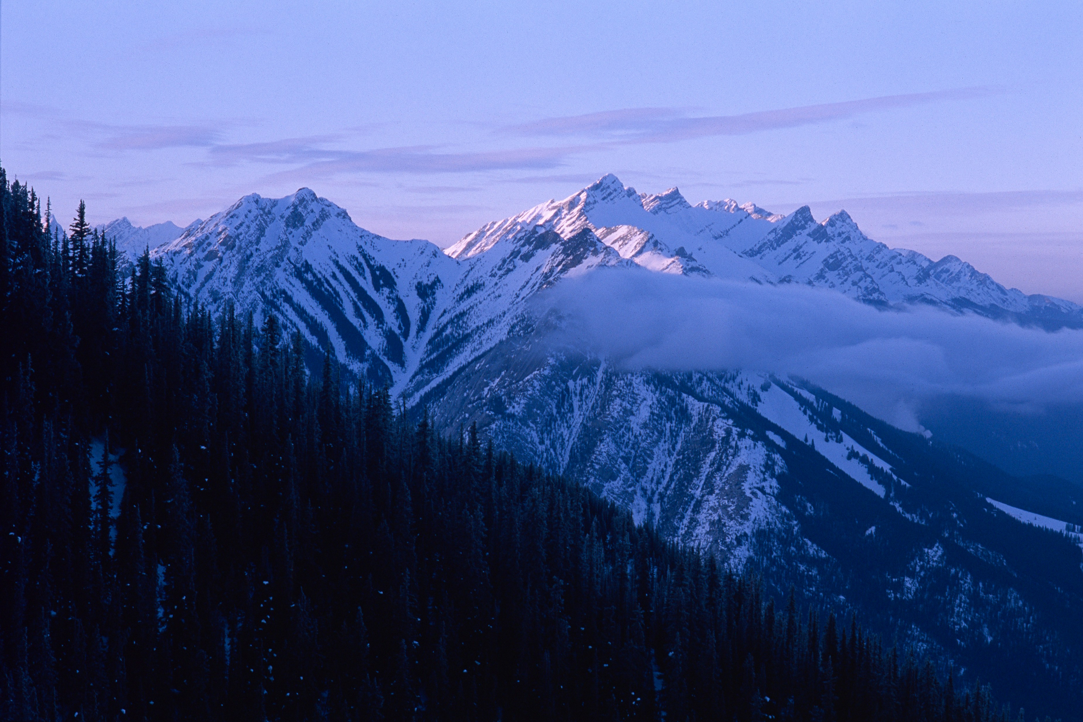 Snow-covered mountains under a purple twilight sky