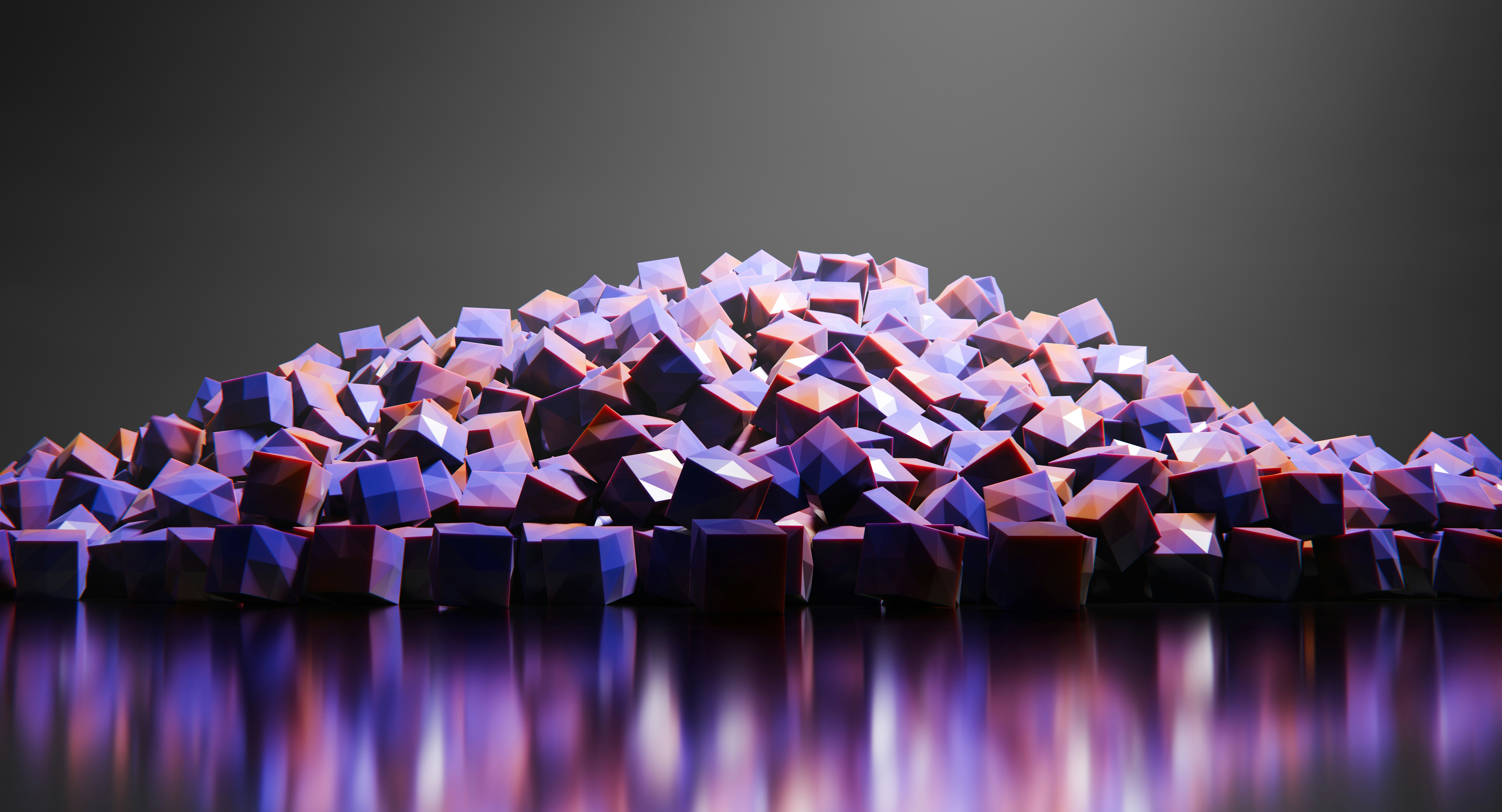 A pile of abstract geometric shapes with purple lighting.
