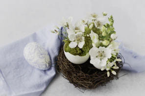 Easter eggs and spring flowers in a nest
