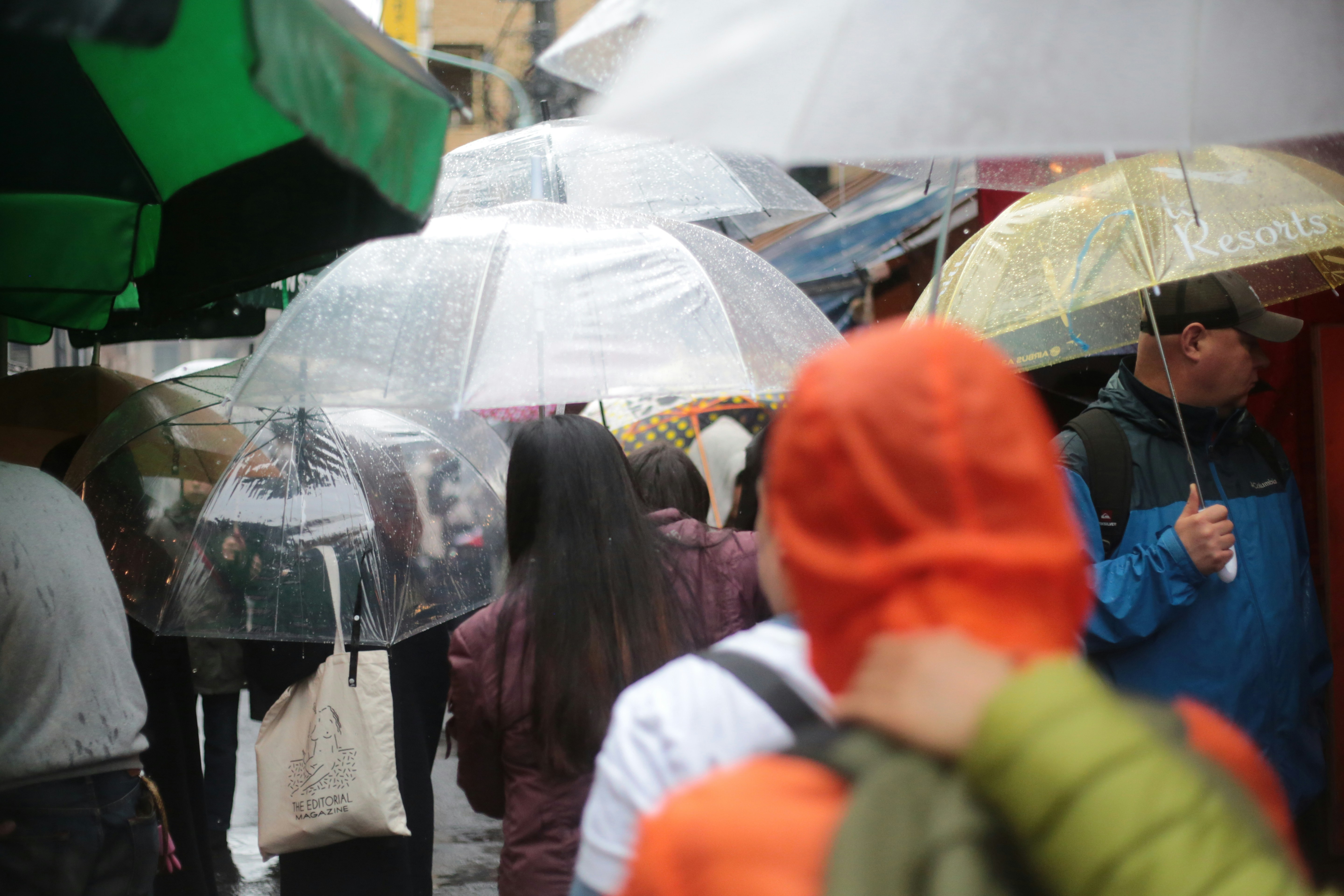 People walking with umbrellas in the rain.