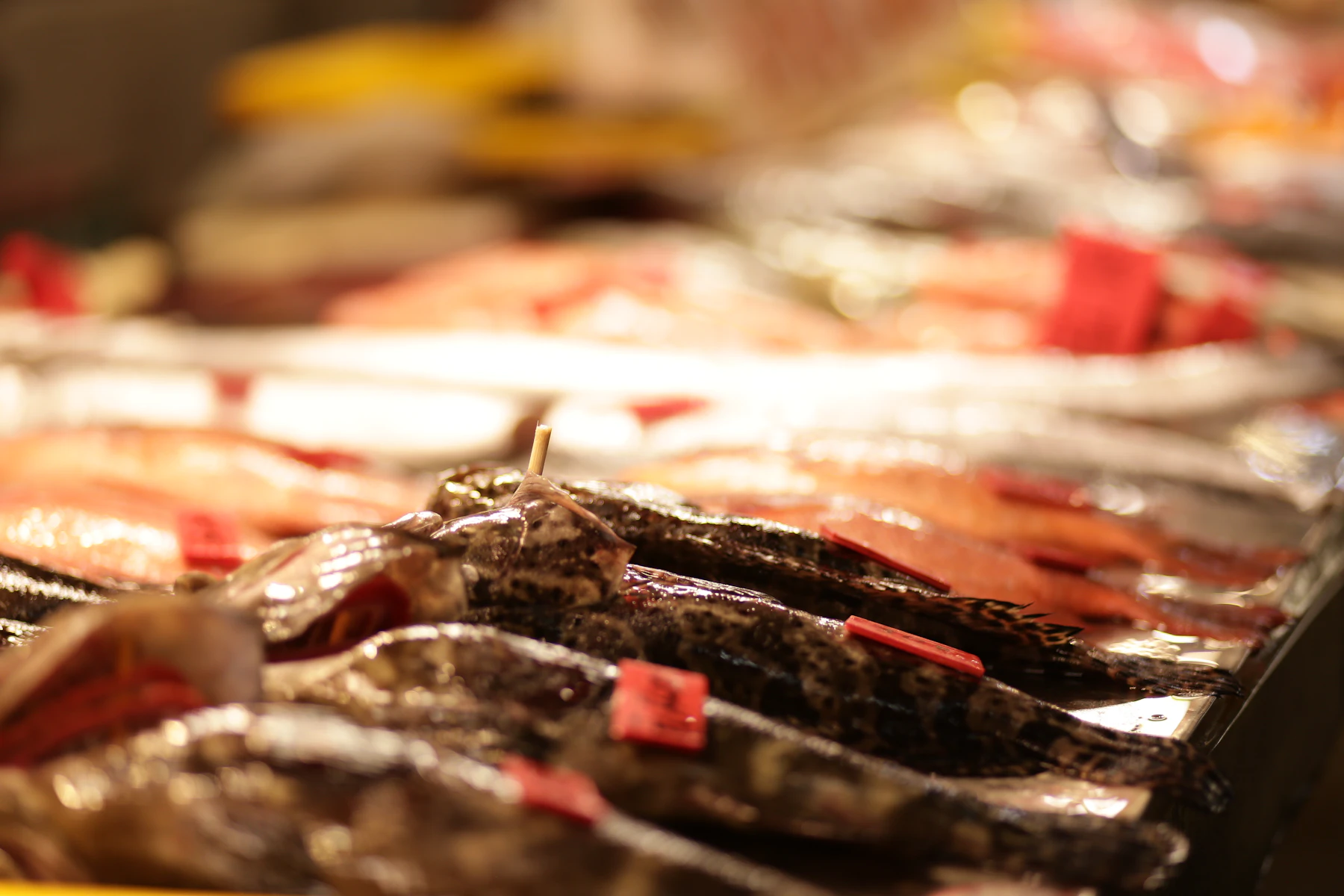 Fresh fish displayed at a busy seafood market, representing the catch that global stock assessments underpin