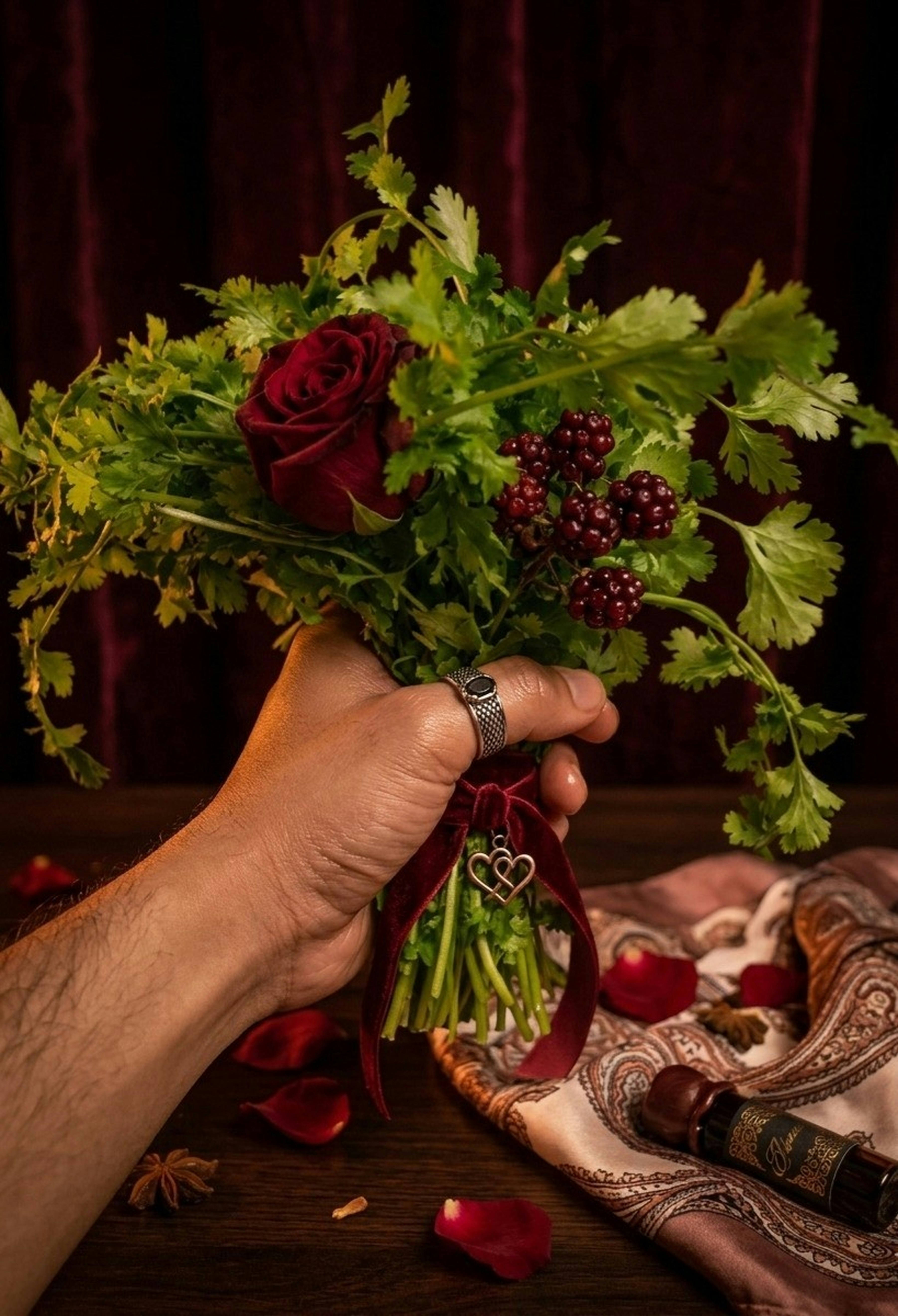 Mão segurando um buquê de ervas, rosas e frutas.
