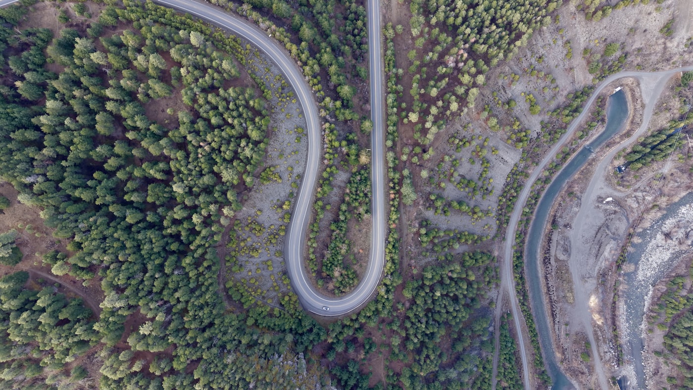 Luftaufnahme einer kurvigen Straße durch einen Wald