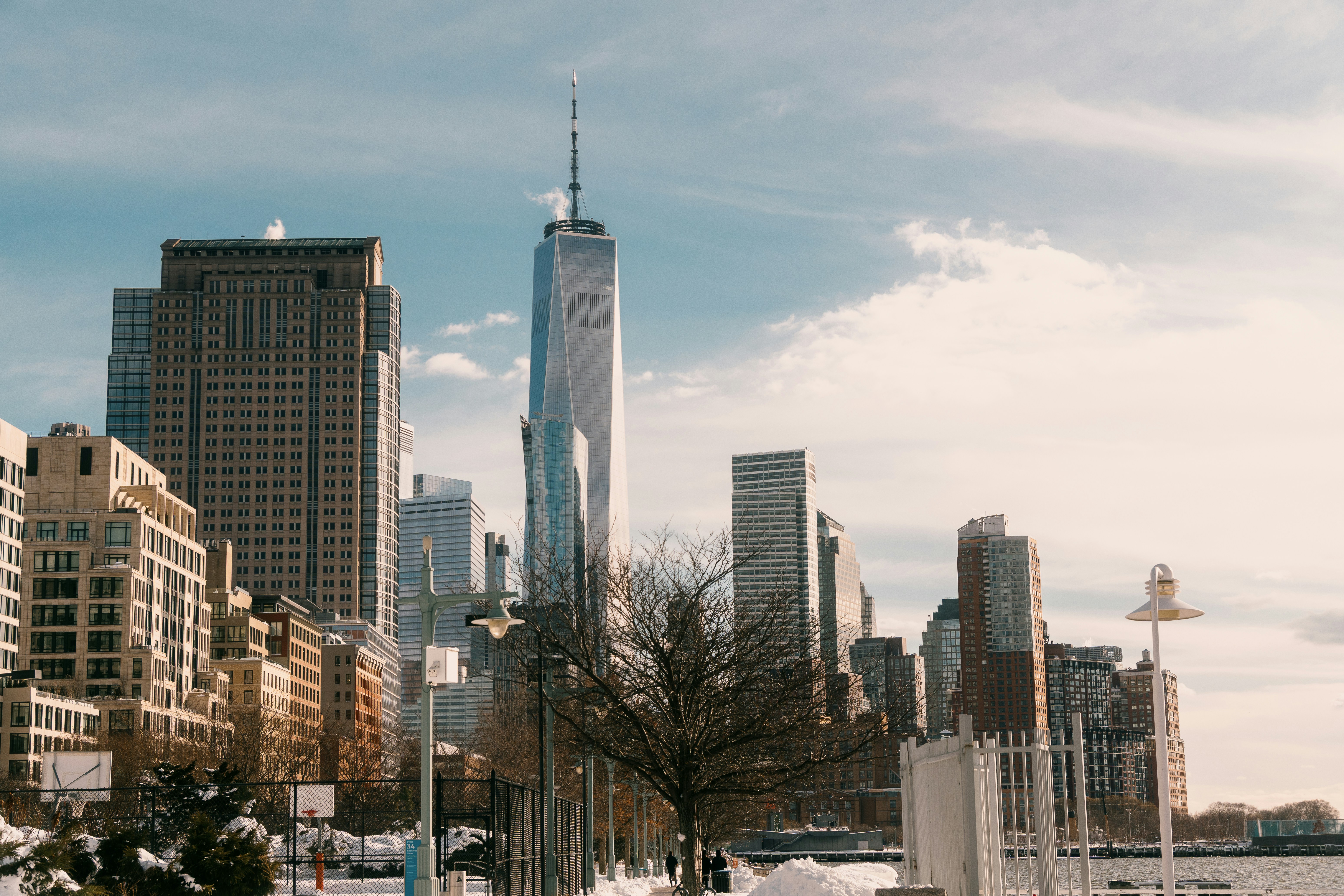 New york city skyline with snow on the ground