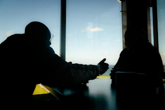 Two people silhouetted against a bright sky