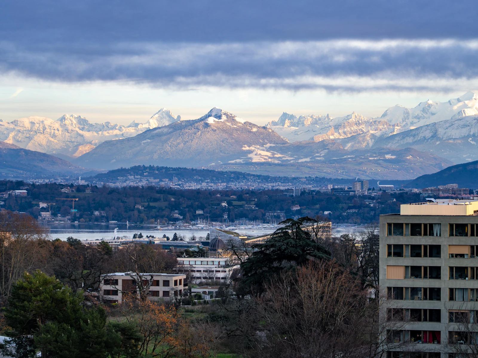 Lake Geneva with snow capped mountains