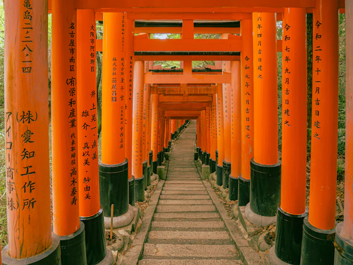 Túnel de puertas torii naranjas en el santuario Fushimi Inari, en Kyoto