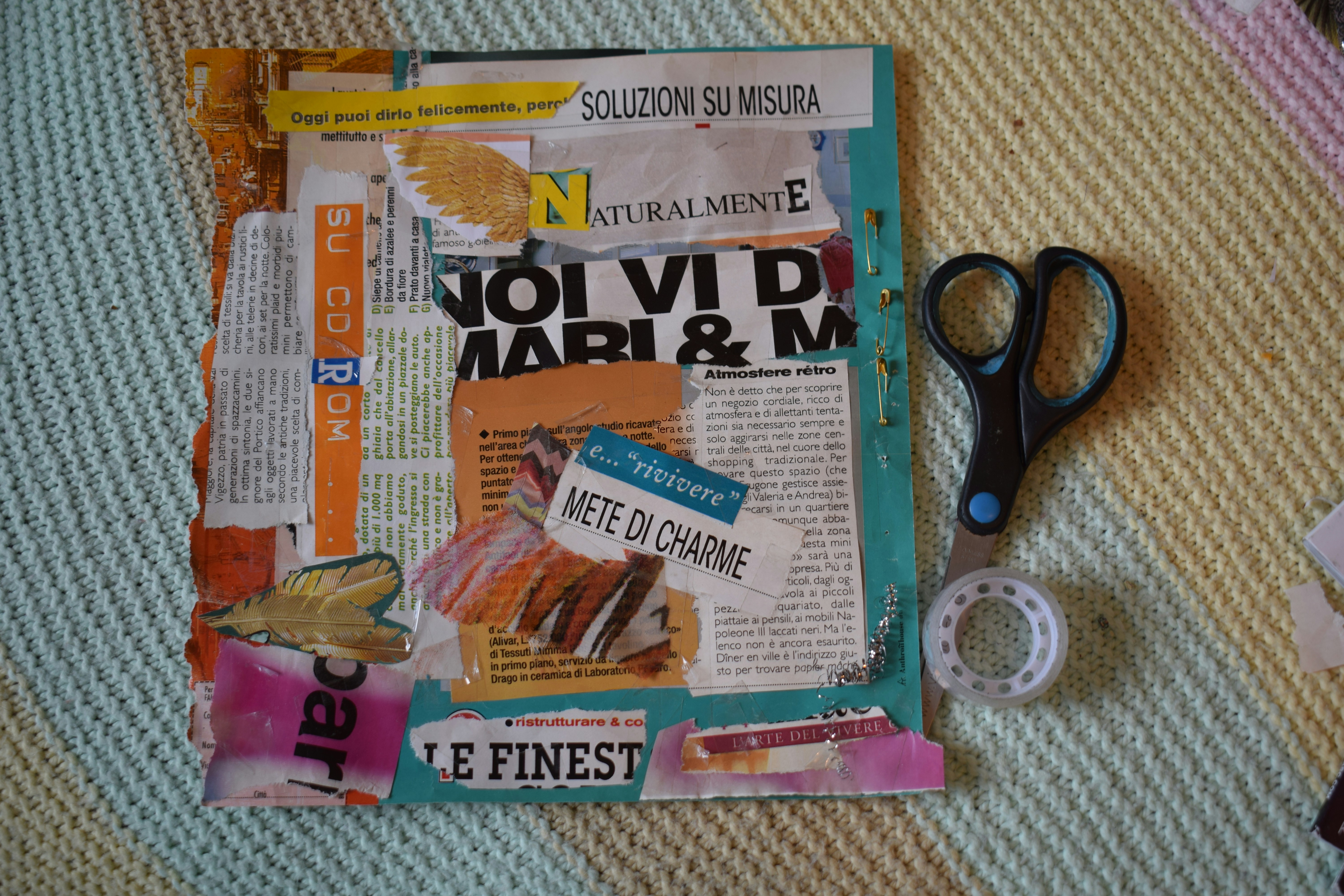 Collage of magazine clippings with scissors and tape.