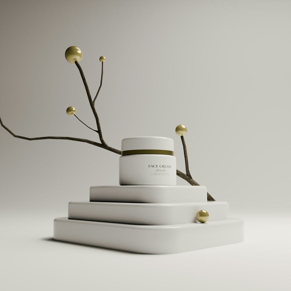 Vellum Cushion Cream porcelain jar on a tiered podium with brass botanical detail