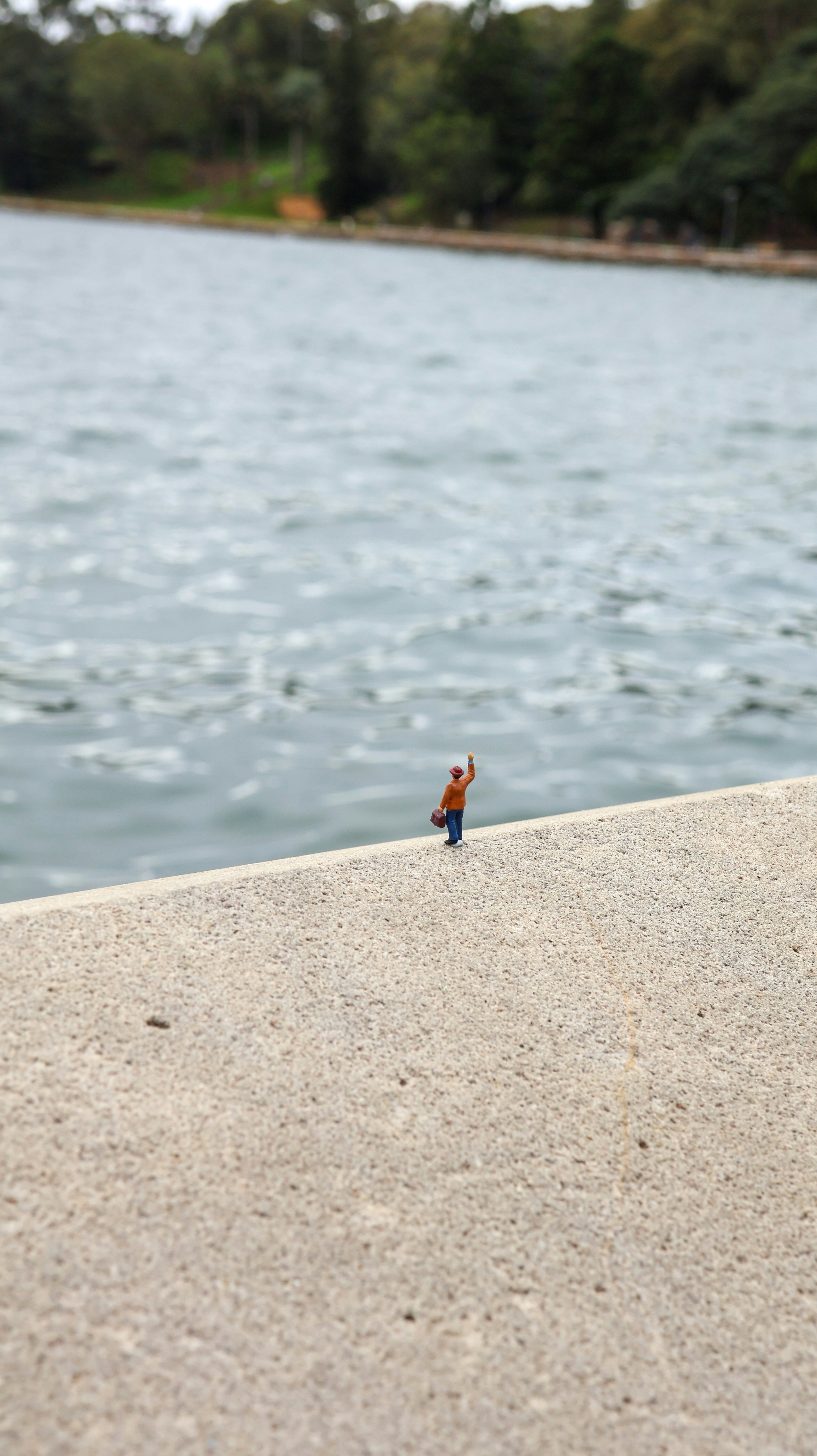 A tiny person waving by the water