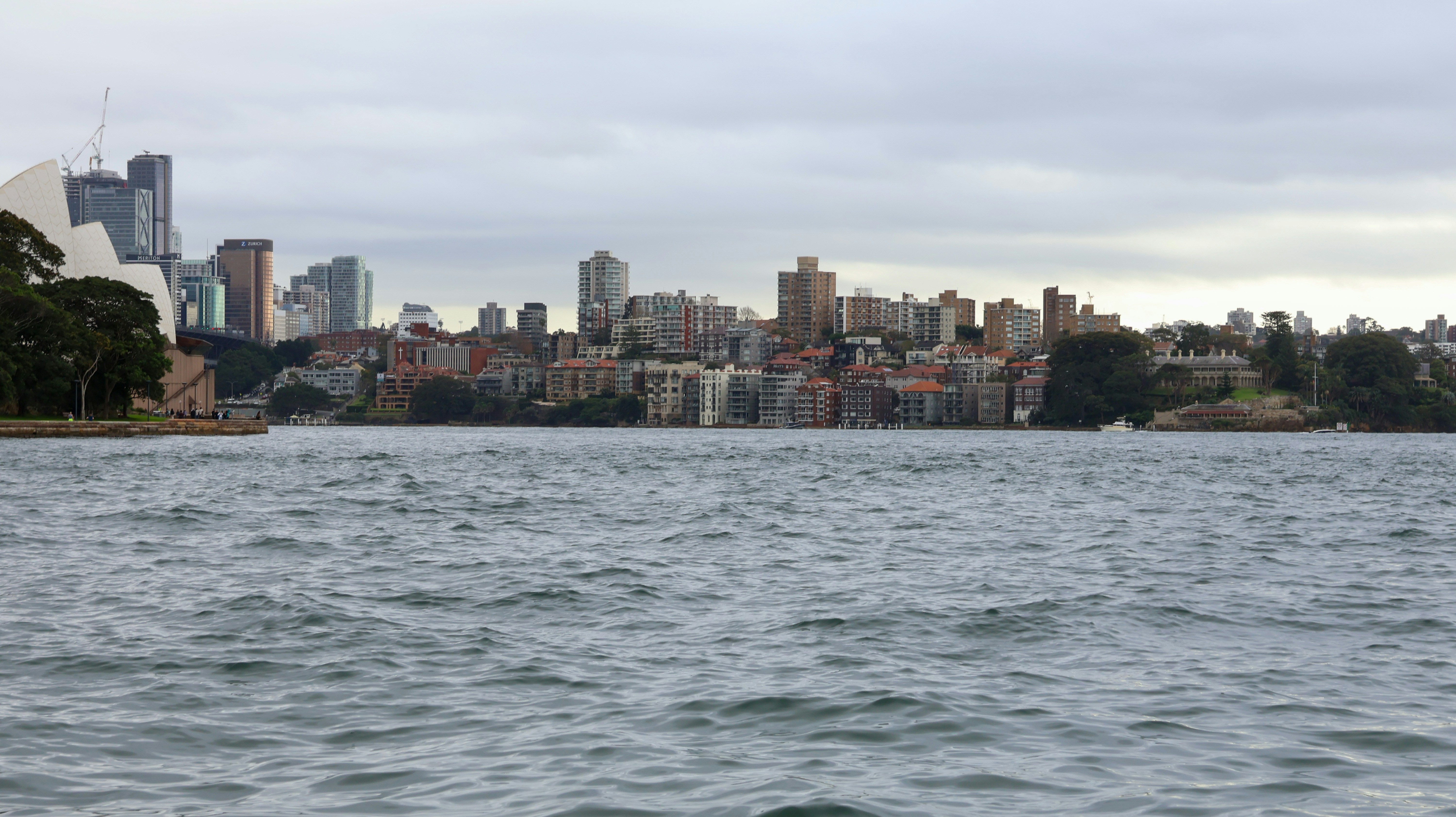Sydney skyline across the water on a cloudy day