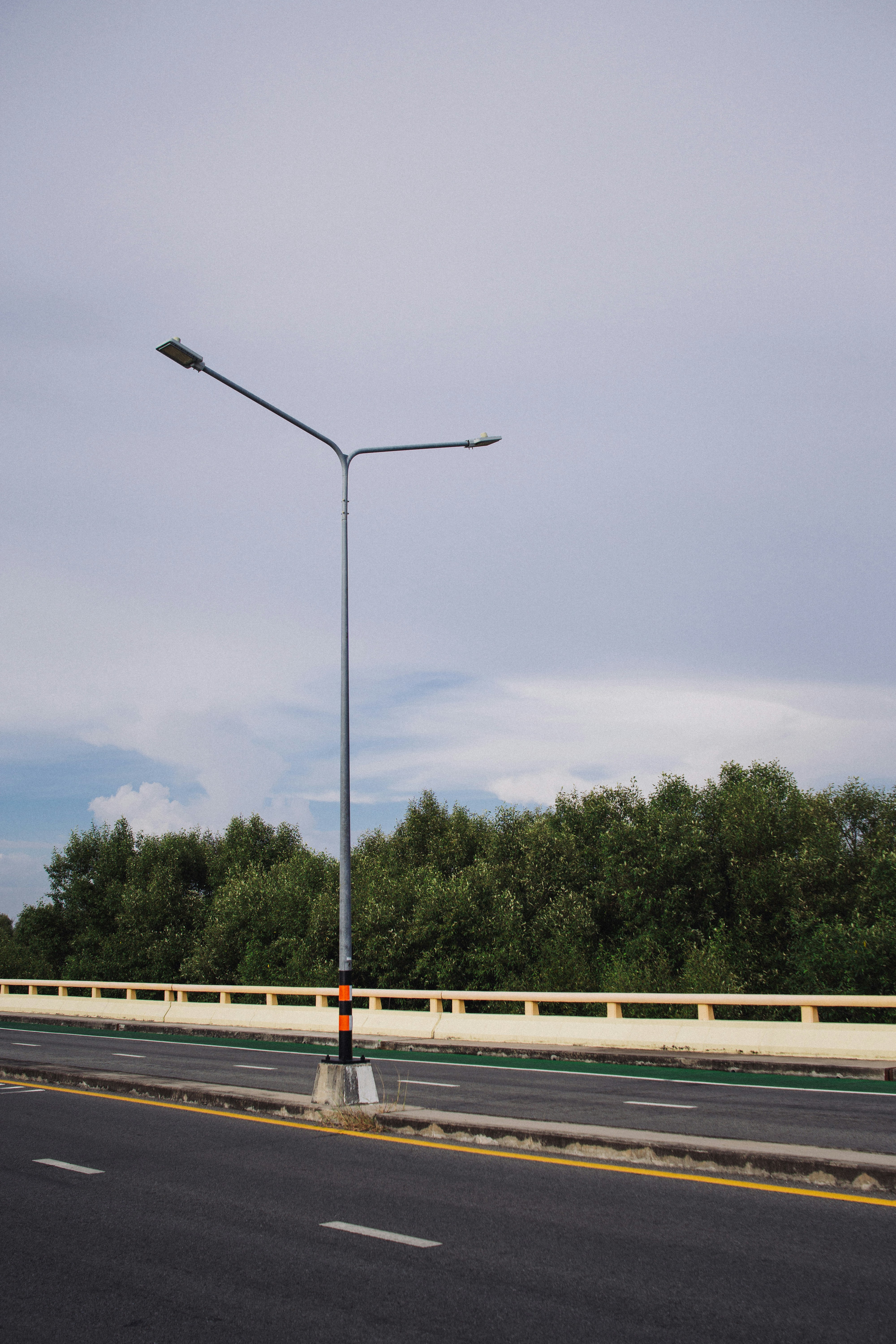 Streetlight along a road with trees and sky