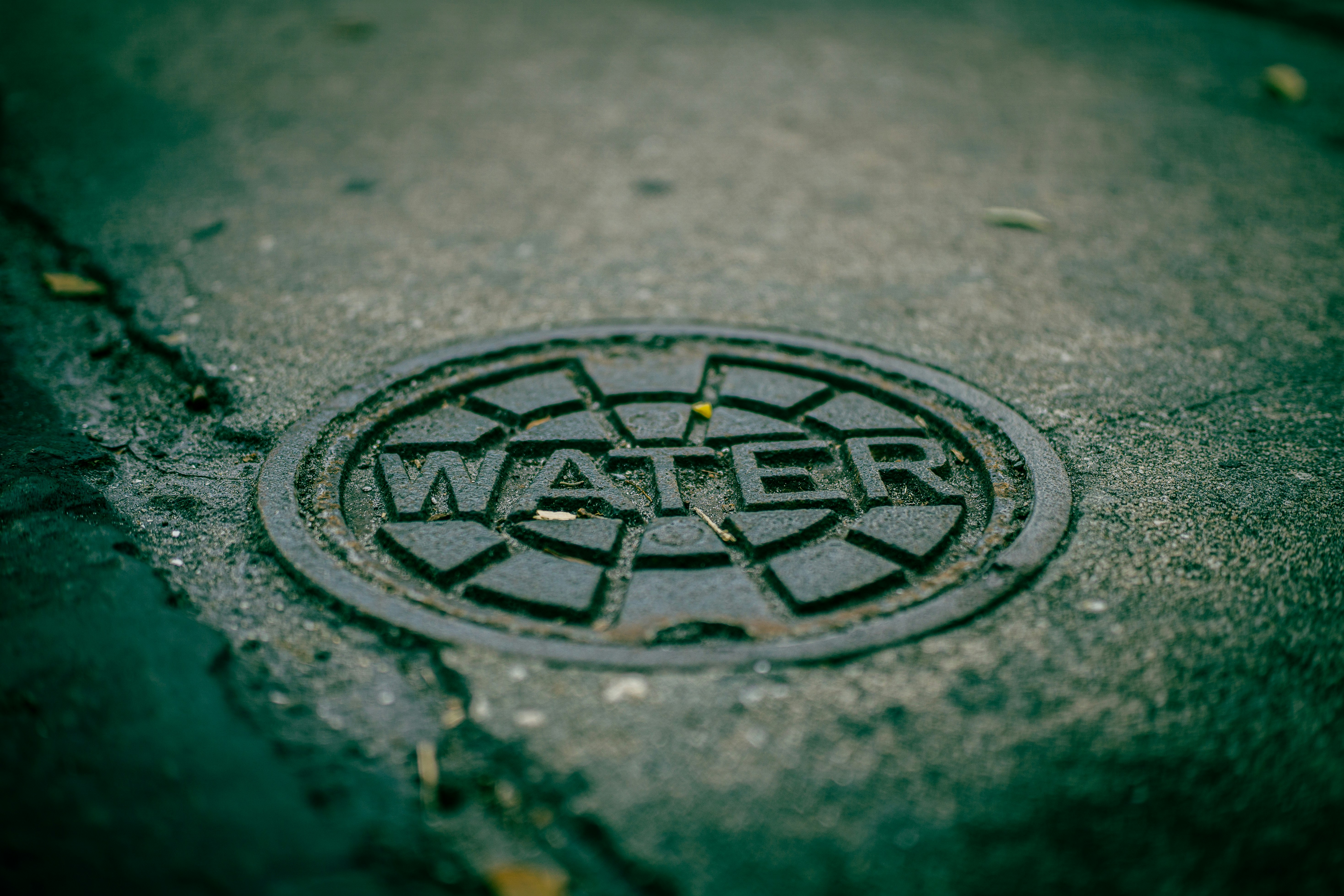 A metal water meter cover on a wet asphalt surface