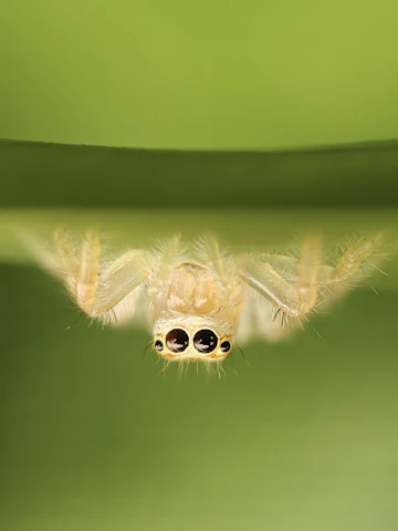 A small spider hangs upside down on a green leaf.