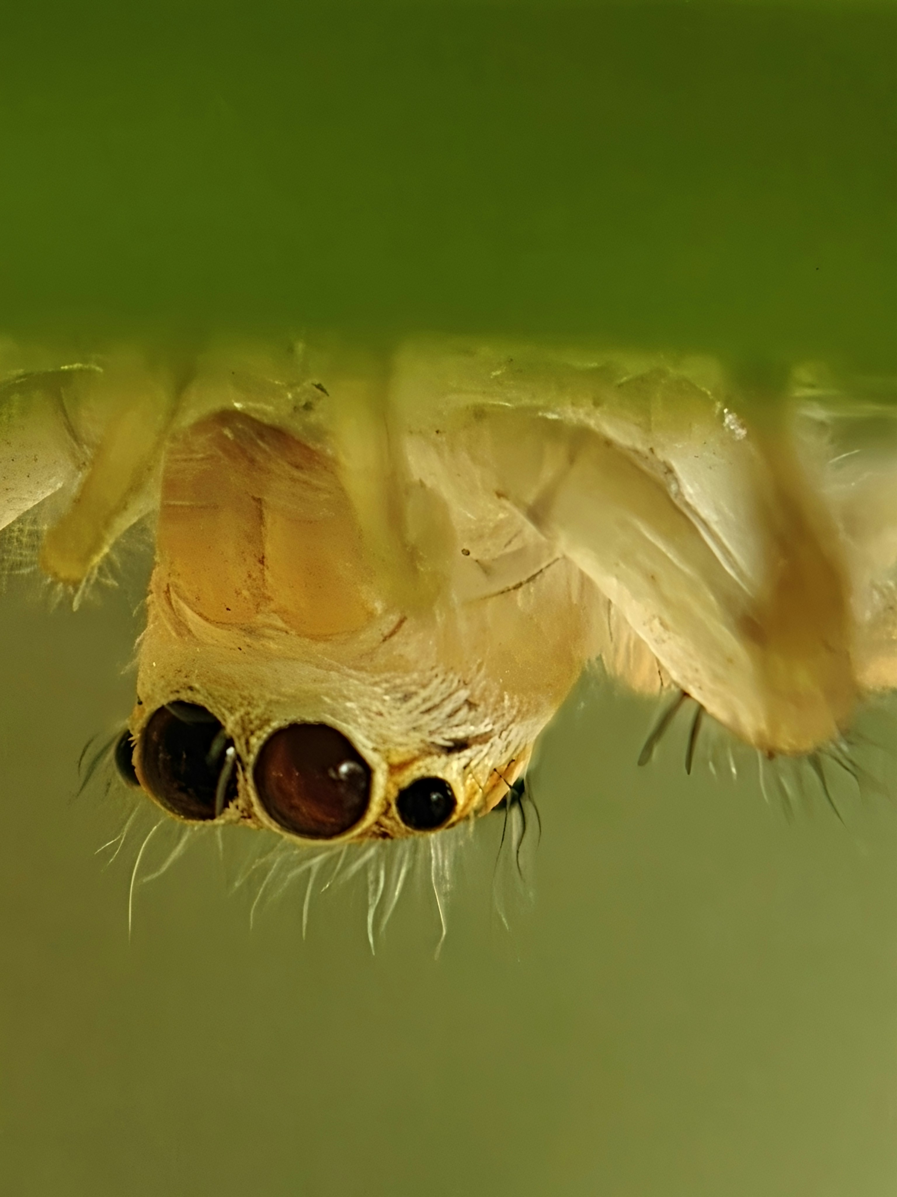 Un gros plan d’une araignée jaune suspendue la tête en bas.