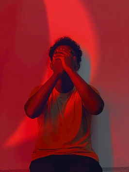 Person covering face with hands under red light.