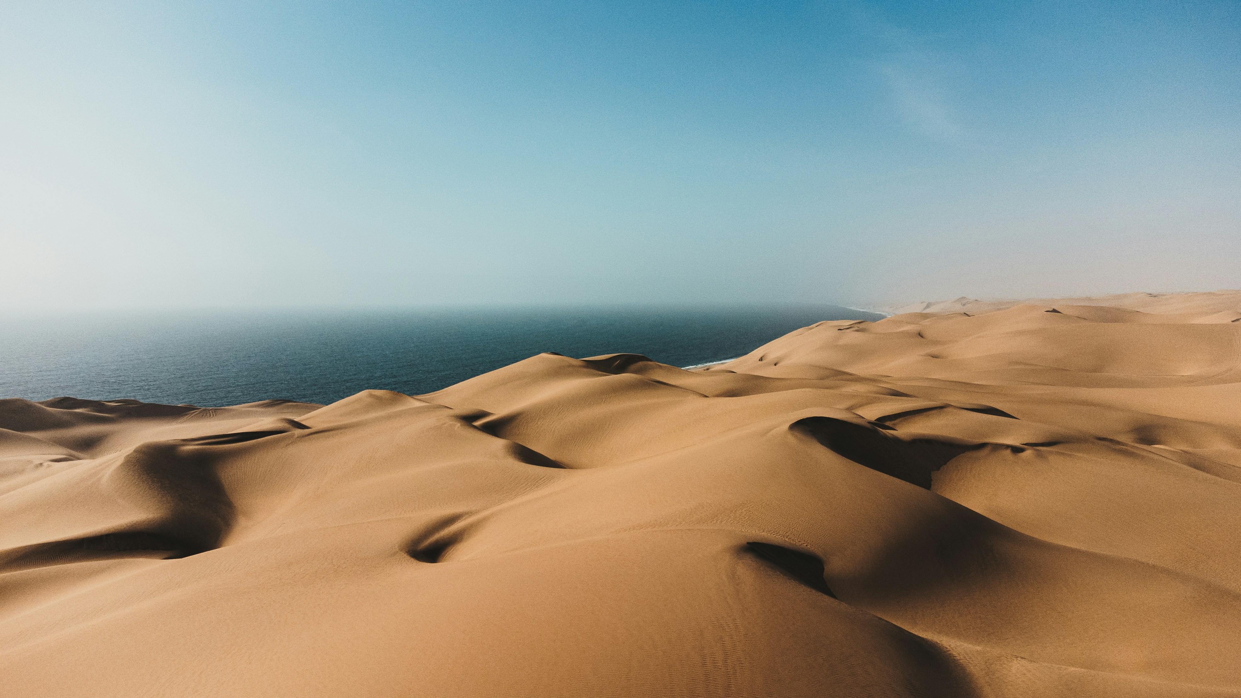 Vast sand dunes meet the ocean under a clear sky.