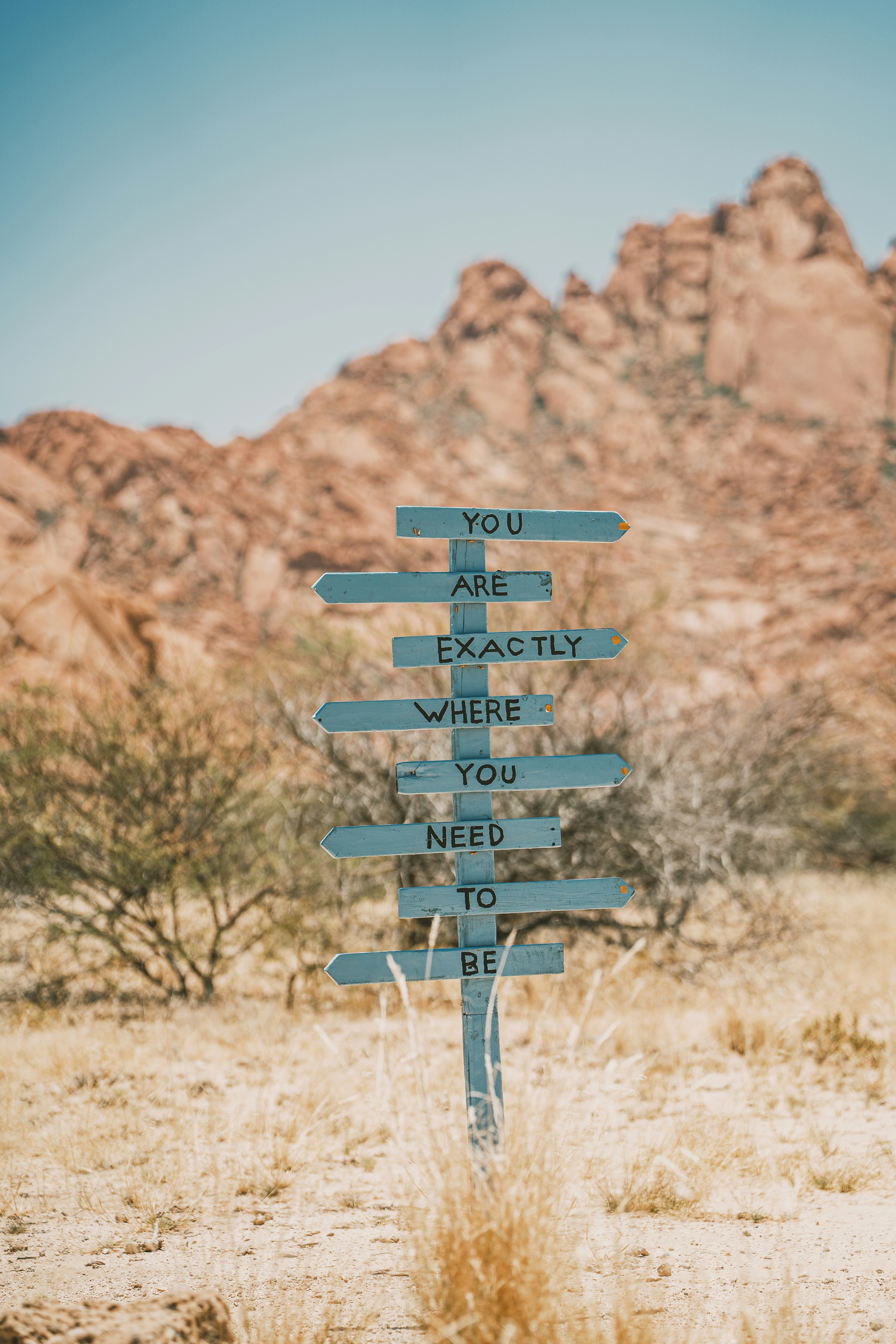 Signpost with inspirational message in desert landscape.