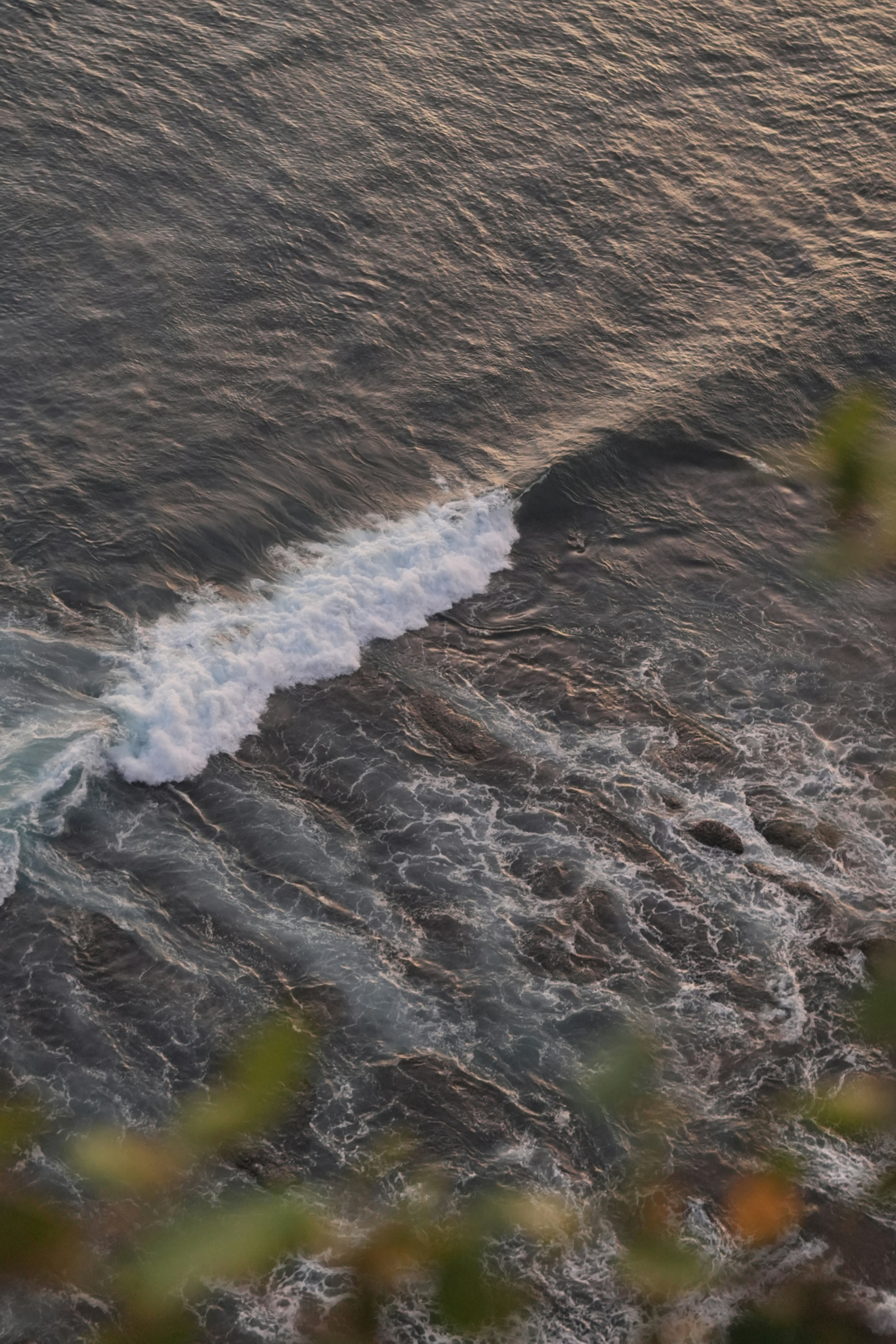 A wave breaks on a dark, textured ocean surface.