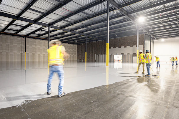 Workers in a large, empty warehouse with polished floors.