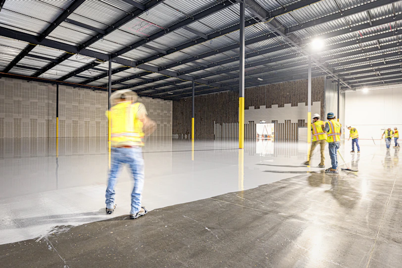 Workers in a large, empty warehouse with polished floors.