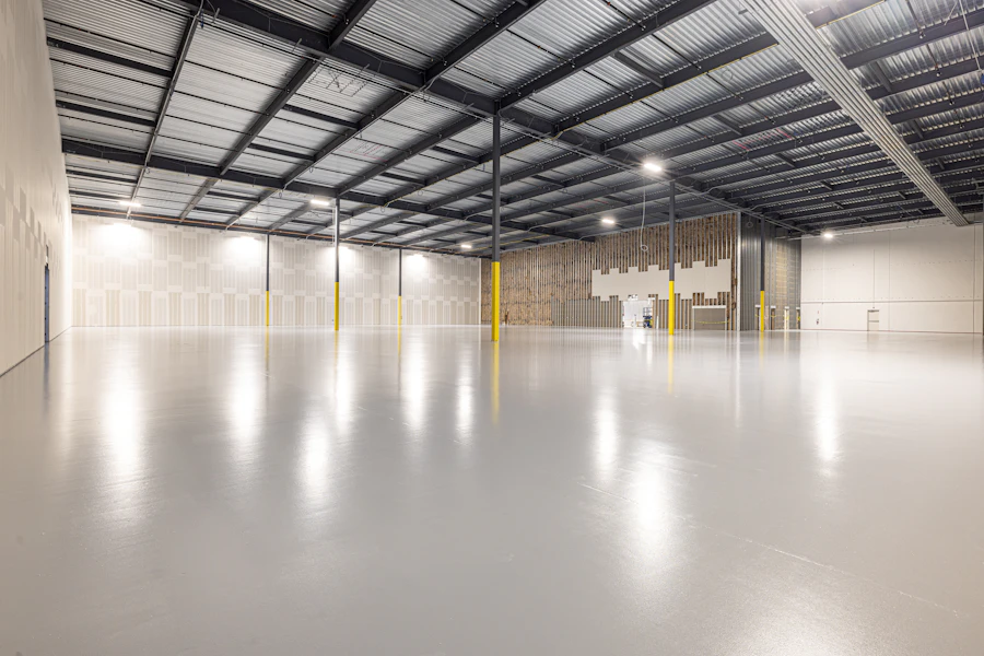 Industrial warehouse interior with structural bays