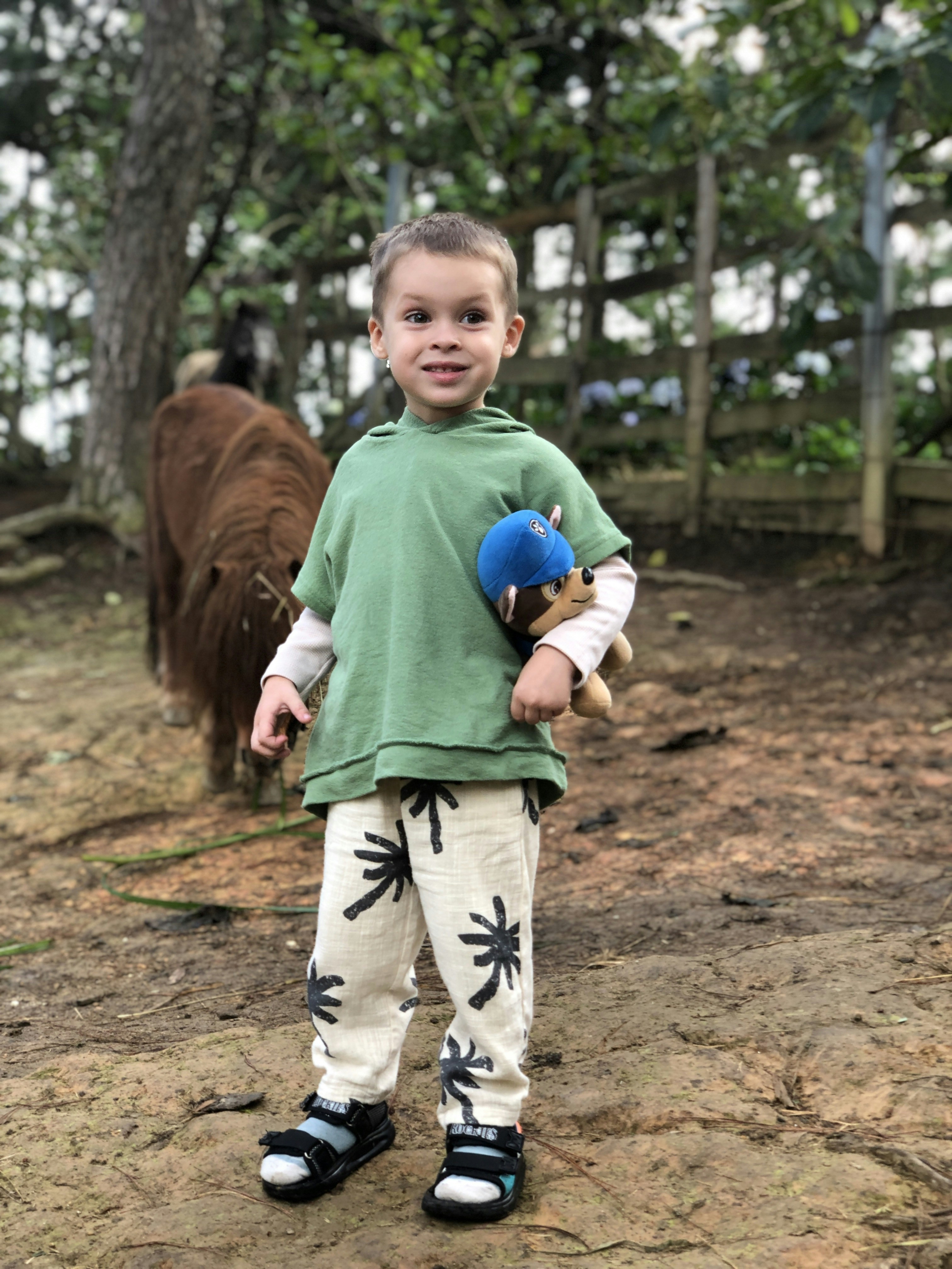 A young boy holding a stuffed animal in a farmyard.