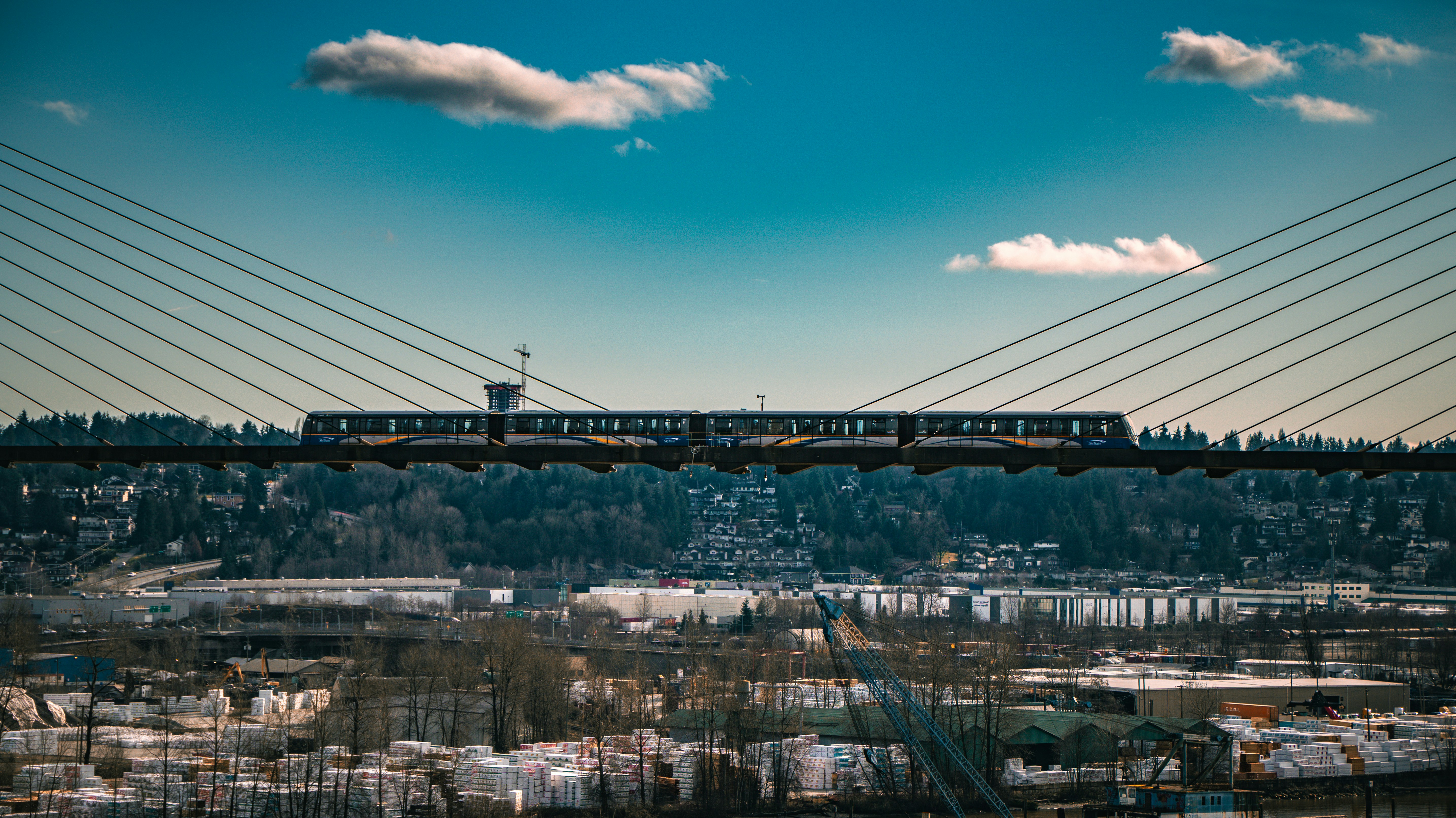 A train travels across a suspension bridge.