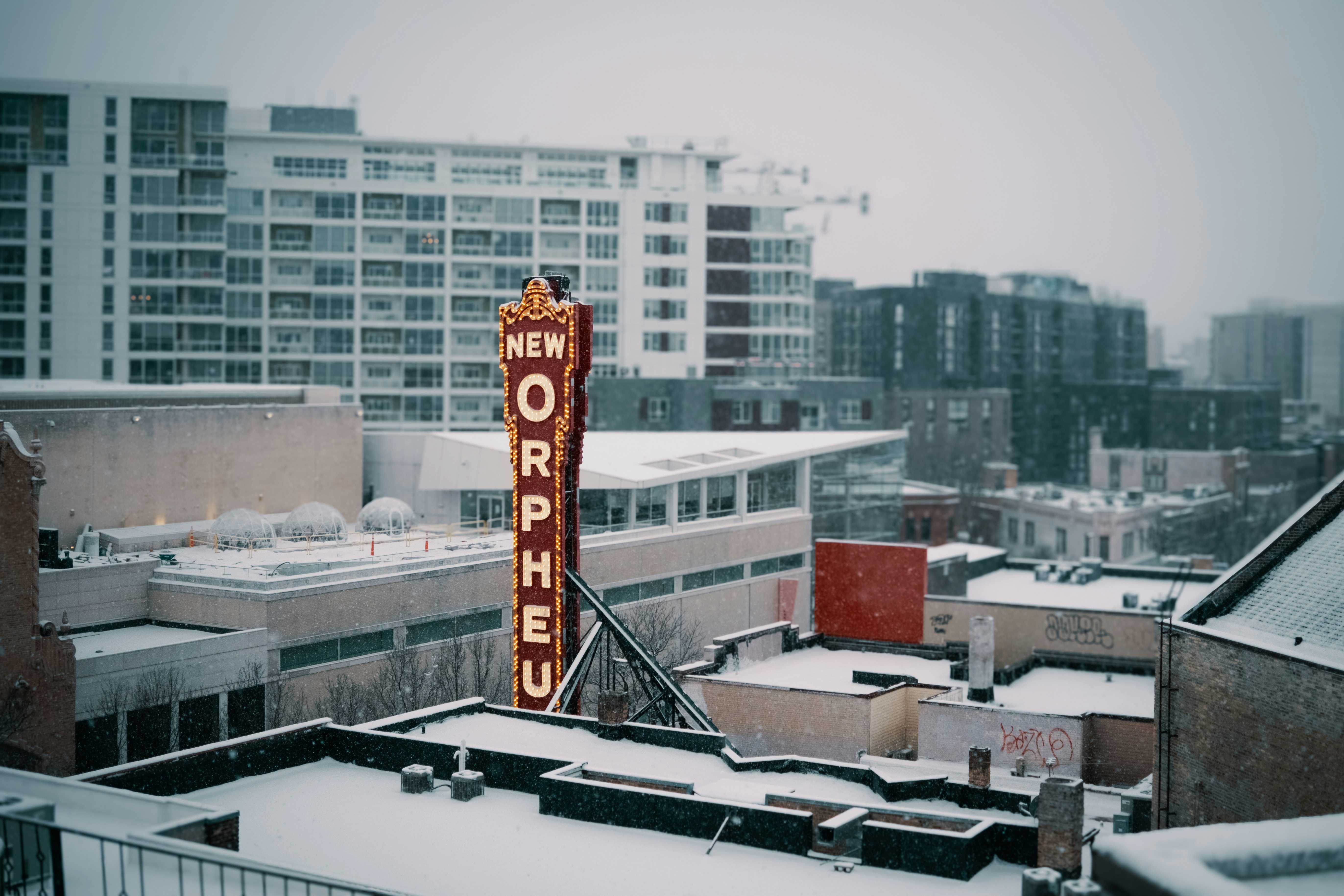 New orpheum sign with snow covered buildings