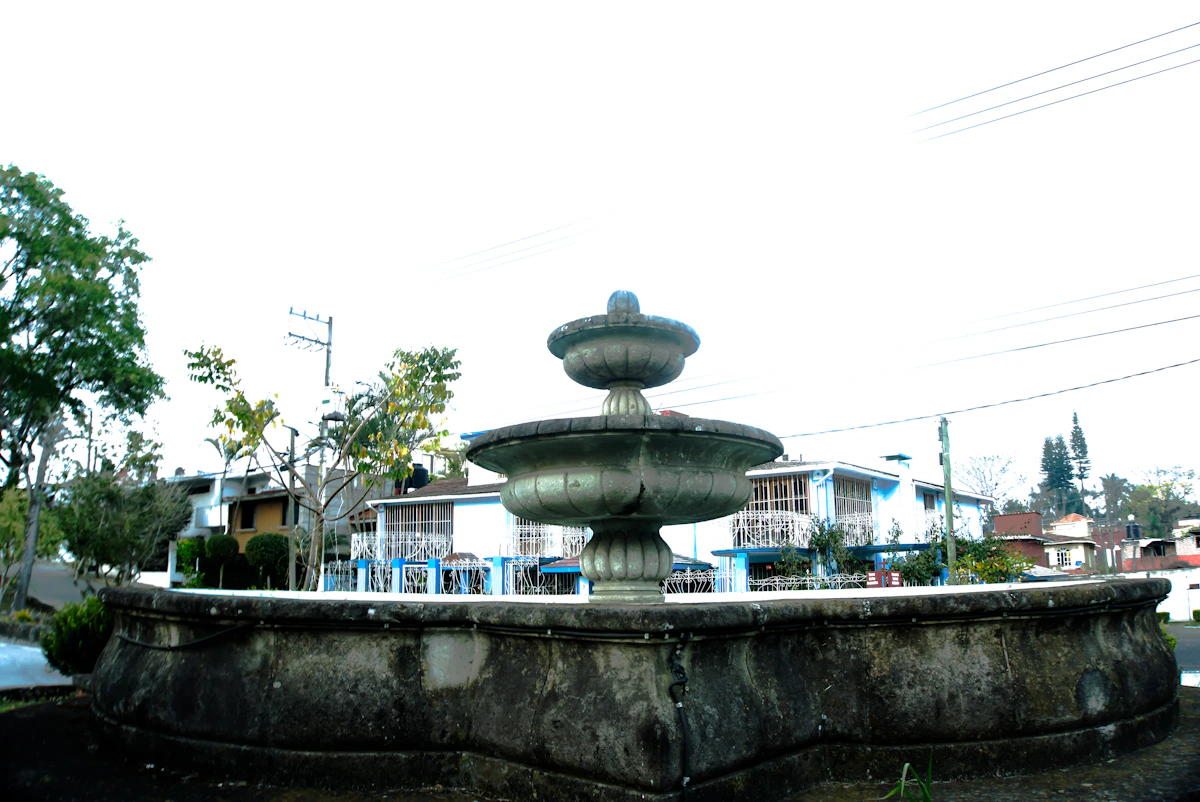 Vasque sculptée en pierre avec eau courante dans un jardin